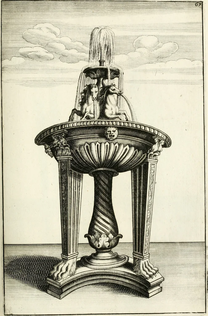 An illustration from Architectura curiosa nova, exponens 1. Fundamenta hydragogica, indolemq[ue] aquæ, aëris interventu in altum levandæ. 2. Varios aquarum ac salientium fontium lusus per varia spectatu jucunda epistomiorum seu siphonum genera. 3. Magnum amnissimorum fontium, machinarumq[ue] aquæductoriarum sumtu magno exstructarum, ac per Italiam, Britanniam, Germaniam &c. visendarum, numerum. 4. Specus artificiales sumtuosissimas, cum plerisq[ue] principum europæorum palatiis, hortis, aulis; nec non præcipuis monasteriis atq[ue] arcibus. 5. Cum auctario figurarum elegantissimarum, ad hortorum topiaria vario ductù dividenda, nec non conclavium laquearibus ac pavimentis segmentandis, itemq[ue] labyrinthis construendis, adhibendarum. Omnia 200 æri incisis... descripta, 1664, leaf 310