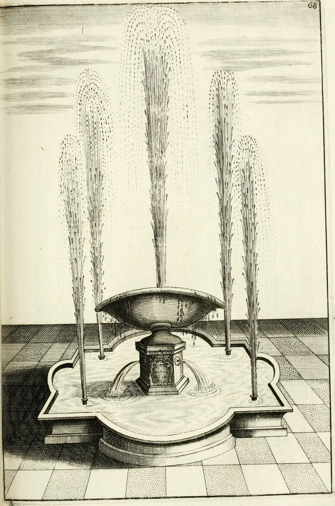 An illustration from Architectura curiosa nova, exponens 1. Fundamenta hydragogica, indolemq[ue] aquæ, aëris interventu in altum levandæ. 2. Varios aquarum ac salientium fontium lusus per varia spectatu jucunda epistomiorum seu siphonum genera. 3. Magnum amnissimorum fontium, machinarumq[ue] aquæductoriarum sumtu magno exstructarum, ac per Italiam, Britanniam, Germaniam &c. visendarum, numerum. 4. Specus artificiales sumtuosissimas, cum plerisq[ue] principum europæorum palatiis, hortis, aulis; nec non præcipuis monasteriis atq[ue] arcibus. 5. Cum auctario figurarum elegantissimarum, ad hortorum topiaria vario ductù dividenda, nec non conclavium laquearibus ac pavimentis segmentandis, itemq[ue] labyrinthis construendis, adhibendarum. Omnia 200 æri incisis... descripta, 1664, leaf 312