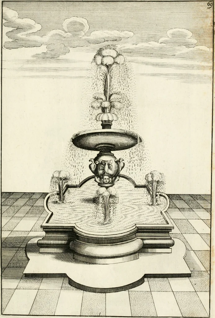 An illustration from Architectura curiosa nova, exponens 1. Fundamenta hydragogica, indolemq[ue] aquæ, aëris interventu in altum levandæ. 2. Varios aquarum ac salientium fontium lusus per varia spectatu jucunda epistomiorum seu siphonum genera. 3. Magnum amnissimorum fontium, machinarumq[ue] aquæductoriarum sumtu magno exstructarum, ac per Italiam, Britanniam, Germaniam &c. visendarum, numerum. 4. Specus artificiales sumtuosissimas, cum plerisq[ue] principum europæorum palatiis, hortis, aulis; nec non præcipuis monasteriis atq[ue] arcibus. 5. Cum auctario figurarum elegantissimarum, ad hortorum topiaria vario ductù dividenda, nec non conclavium laquearibus ac pavimentis segmentandis, itemq[ue] labyrinthis construendis, adhibendarum. Omnia 200 æri incisis... descripta, 1664, leaf 314
