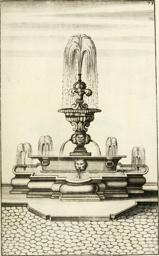 An illustration from Architectura curiosa nova, exponens 1. Fundamenta hydragogica, indolemq[ue] aquæ, aëris interventu in altum levandæ. 2. Varios aquarum ac salientium fontium lusus per varia spectatu jucunda epistomiorum seu siphonum genera. 3. Magnum amnissimorum fontium, machinarumq[ue] aquæductoriarum sumtu magno exstructarum, ac per Italiam, Britanniam, Germaniam &c. visendarum, numerum. 4. Specus artificiales sumtuosissimas, cum plerisq[ue] principum europæorum palatiis, hortis, aulis; nec non præcipuis monasteriis atq[ue] arcibus. 5. Cum auctario figurarum elegantissimarum, ad hortorum topiaria vario ductù dividenda, nec non conclavium laquearibus ac pavimentis segmentandis, itemq[ue] labyrinthis construendis, adhibendarum. Omnia 200 æri incisis... descripta, 1664, leaf 322