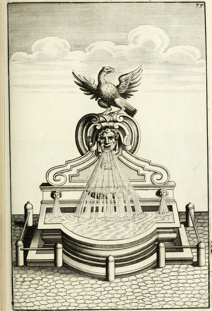 An illustration from Architectura curiosa nova, exponens 1. Fundamenta hydragogica, indolemq[ue] aquæ, aëris interventu in altum levandæ. 2. Varios aquarum ac salientium fontium lusus per varia spectatu jucunda epistomiorum seu siphonum genera. 3. Magnum amnissimorum fontium, machinarumq[ue] aquæductoriarum sumtu magno exstructarum, ac per Italiam, Britanniam, Germaniam &c. visendarum, numerum. 4. Specus artificiales sumtuosissimas, cum plerisq[ue] principum europæorum palatiis, hortis, aulis; nec non præcipuis monasteriis atq[ue] arcibus. 5. Cum auctario figurarum elegantissimarum, ad hortorum topiaria vario ductù dividenda, nec non conclavium laquearibus ac pavimentis segmentandis, itemq[ue] labyrinthis construendis, adhibendarum. Omnia 200 æri incisis... descripta, 1664, leaf 326