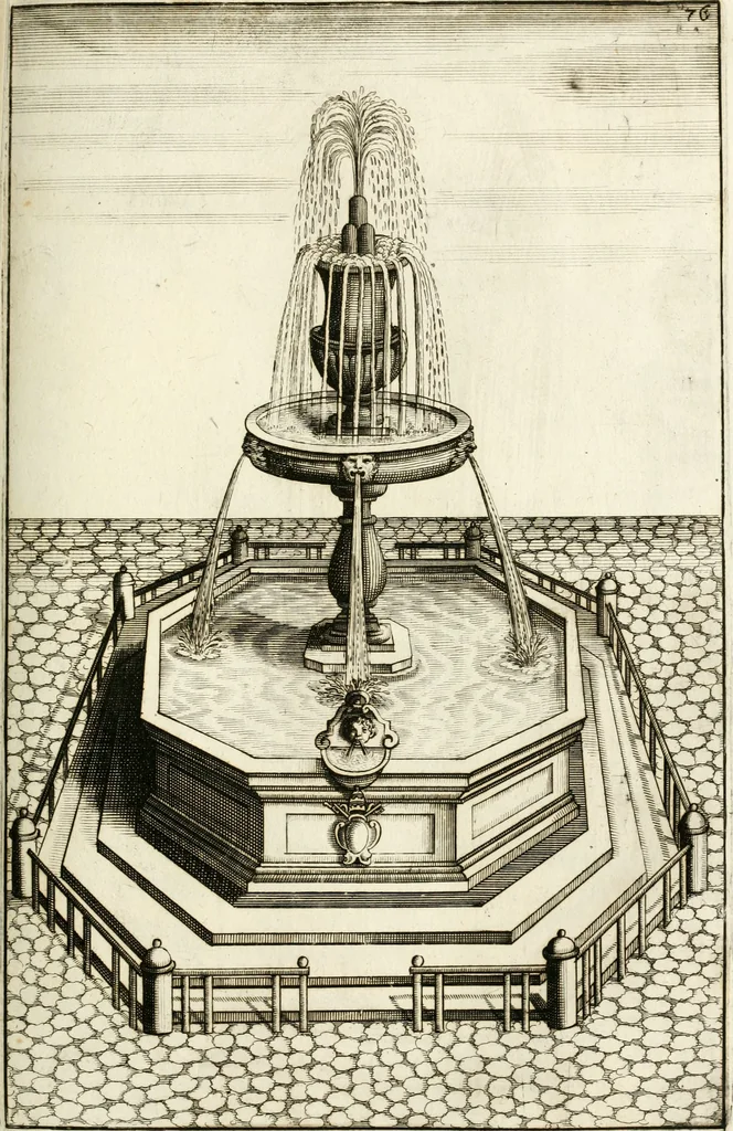 An illustration from Architectura curiosa nova, exponens 1. Fundamenta hydragogica, indolemq[ue] aquæ, aëris interventu in altum levandæ. 2. Varios aquarum ac salientium fontium lusus per varia spectatu jucunda epistomiorum seu siphonum genera. 3. Magnum amnissimorum fontium, machinarumq[ue] aquæductoriarum sumtu magno exstructarum, ac per Italiam, Britanniam, Germaniam &c. visendarum, numerum. 4. Specus artificiales sumtuosissimas, cum plerisq[ue] principum europæorum palatiis, hortis, aulis; nec non præcipuis monasteriis atq[ue] arcibus. 5. Cum auctario figurarum elegantissimarum, ad hortorum topiaria vario ductù dividenda, nec non conclavium laquearibus ac pavimentis segmentandis, itemq[ue] labyrinthis construendis, adhibendarum. Omnia 200 æri incisis... descripta, 1664, leaf 328