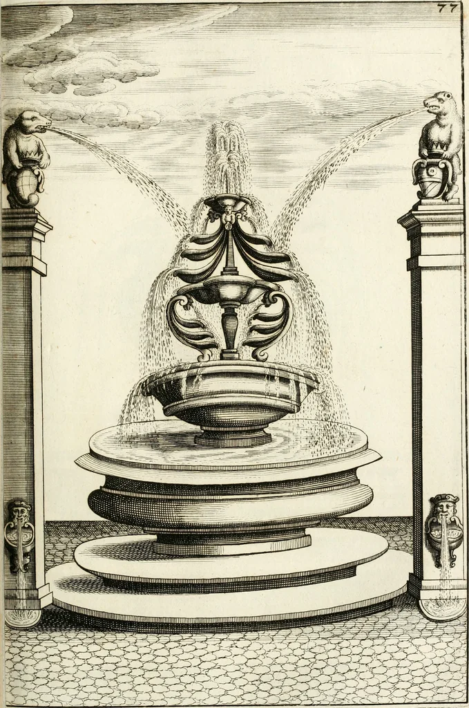 An illustration from Architectura curiosa nova, exponens 1. Fundamenta hydragogica, indolemq[ue] aquæ, aëris interventu in altum levandæ. 2. Varios aquarum ac salientium fontium lusus per varia spectatu jucunda epistomiorum seu siphonum genera. 3. Magnum amnissimorum fontium, machinarumq[ue] aquæductoriarum sumtu magno exstructarum, ac per Italiam, Britanniam, Germaniam &c. visendarum, numerum. 4. Specus artificiales sumtuosissimas, cum plerisq[ue] principum europæorum palatiis, hortis, aulis; nec non præcipuis monasteriis atq[ue] arcibus. 5. Cum auctario figurarum elegantissimarum, ad hortorum topiaria vario ductù dividenda, nec non conclavium laquearibus ac pavimentis segmentandis, itemq[ue] labyrinthis construendis, adhibendarum. Omnia 200 æri incisis... descripta, 1664, leaf 330