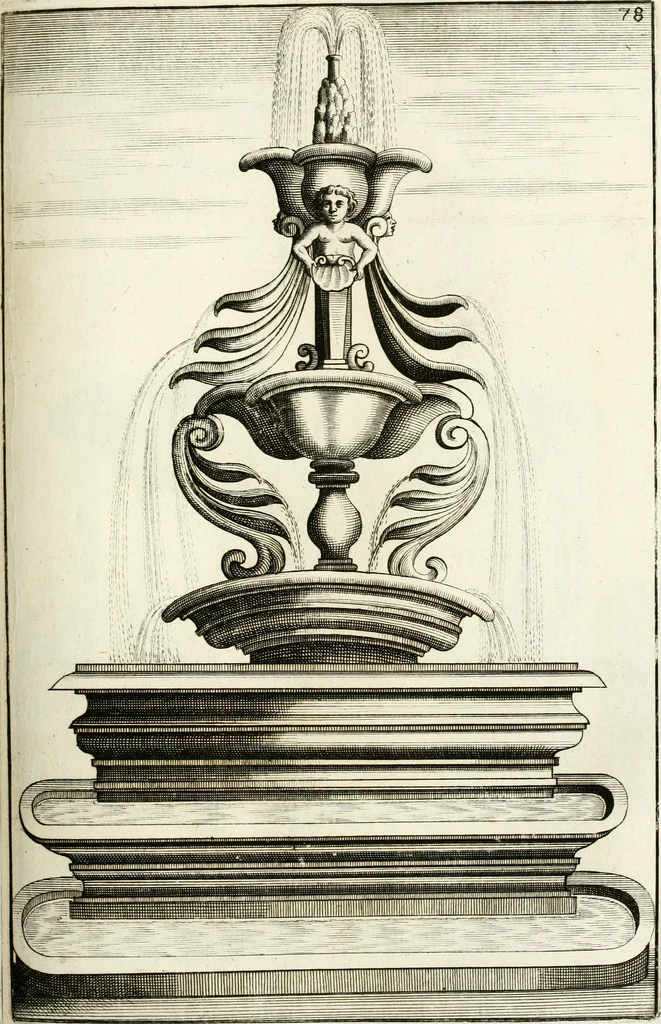 An illustration from Architectura curiosa nova, exponens 1. Fundamenta hydragogica, indolemq[ue] aquæ, aëris interventu in altum levandæ. 2. Varios aquarum ac salientium fontium lusus per varia spectatu jucunda epistomiorum seu siphonum genera. 3. Magnum amnissimorum fontium, machinarumq[ue] aquæductoriarum sumtu magno exstructarum, ac per Italiam, Britanniam, Germaniam &c. visendarum, numerum. 4. Specus artificiales sumtuosissimas, cum plerisq[ue] principum europæorum palatiis, hortis, aulis; nec non præcipuis monasteriis atq[ue] arcibus. 5. Cum auctario figurarum elegantissimarum, ad hortorum topiaria vario ductù dividenda, nec non conclavium laquearibus ac pavimentis segmentandis, itemq[ue] labyrinthis construendis, adhibendarum. Omnia 200 æri incisis... descripta, 1664, leaf 332