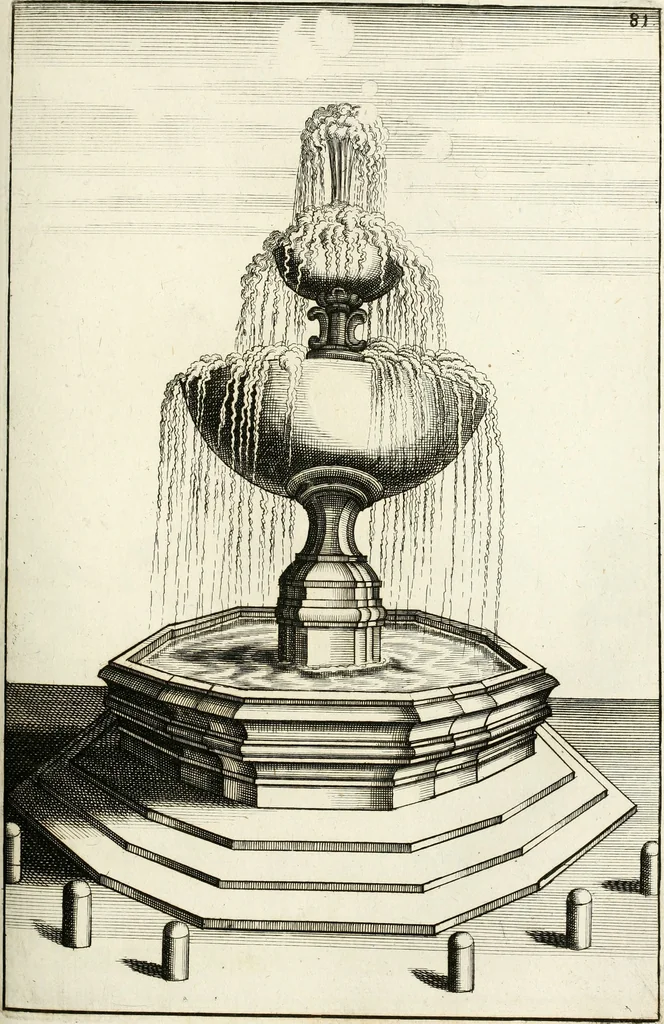 An illustration from Architectura curiosa nova, exponens 1. Fundamenta hydragogica, indolemq[ue] aquæ, aëris interventu in altum levandæ. 2. Varios aquarum ac salientium fontium lusus per varia spectatu jucunda epistomiorum seu siphonum genera. 3. Magnum amnissimorum fontium, machinarumq[ue] aquæductoriarum sumtu magno exstructarum, ac per Italiam, Britanniam, Germaniam &c. visendarum, numerum. 4. Specus artificiales sumtuosissimas, cum plerisq[ue] principum europæorum palatiis, hortis, aulis; nec non præcipuis monasteriis atq[ue] arcibus. 5. Cum auctario figurarum elegantissimarum, ad hortorum topiaria vario ductù dividenda, nec non conclavium laquearibus ac pavimentis segmentandis, itemq[ue] labyrinthis construendis, adhibendarum. Omnia 200 æri incisis... descripta, 1664, leaf 338