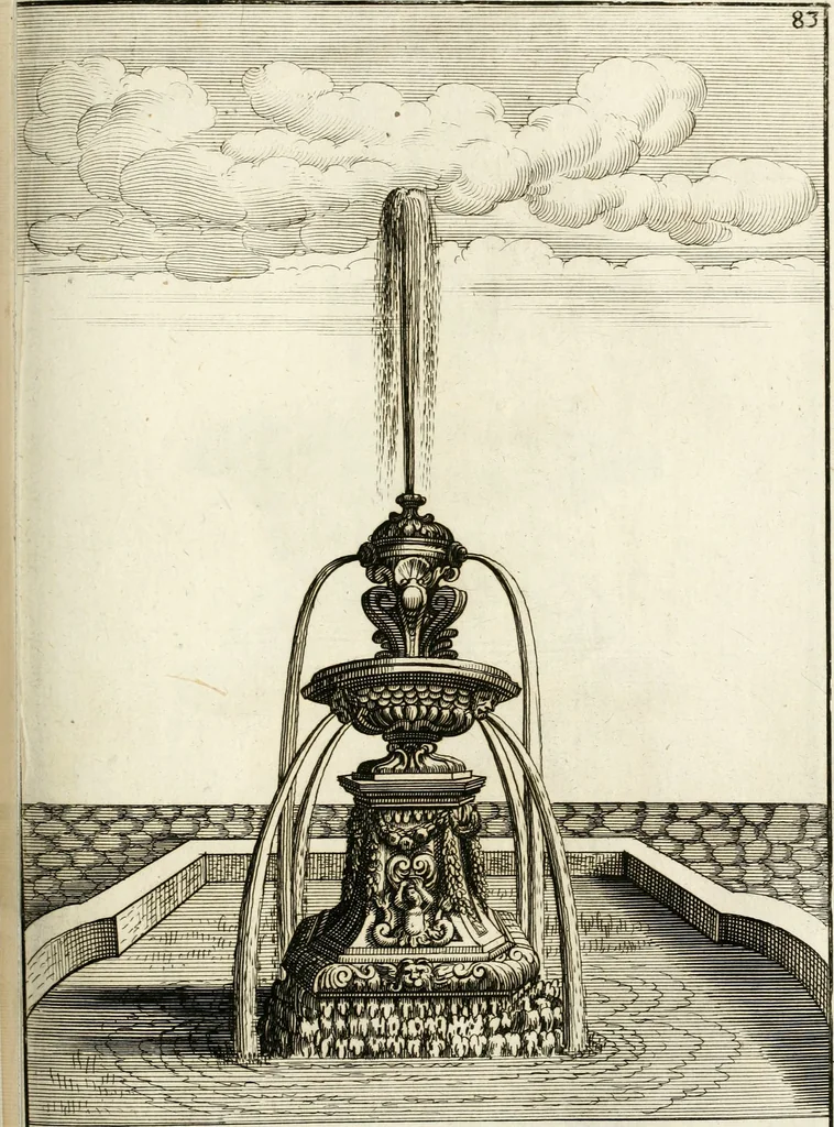 An illustration from Architectura curiosa nova, exponens 1. Fundamenta hydragogica, indolemq[ue] aquæ, aëris interventu in altum levandæ. 2. Varios aquarum ac salientium fontium lusus per varia spectatu jucunda epistomiorum seu siphonum genera. 3. Magnum amnissimorum fontium, machinarumq[ue] aquæductoriarum sumtu magno exstructarum, ac per Italiam, Britanniam, Germaniam &c. visendarum, numerum. 4. Specus artificiales sumtuosissimas, cum plerisq[ue] principum europæorum palatiis, hortis, aulis; nec non præcipuis monasteriis atq[ue] arcibus. 5. Cum auctario figurarum elegantissimarum, ad hortorum topiaria vario ductù dividenda, nec non conclavium laquearibus ac pavimentis segmentandis, itemq[ue] labyrinthis construendis, adhibendarum. Omnia 200 æri incisis... descripta, 1664, leaf 342