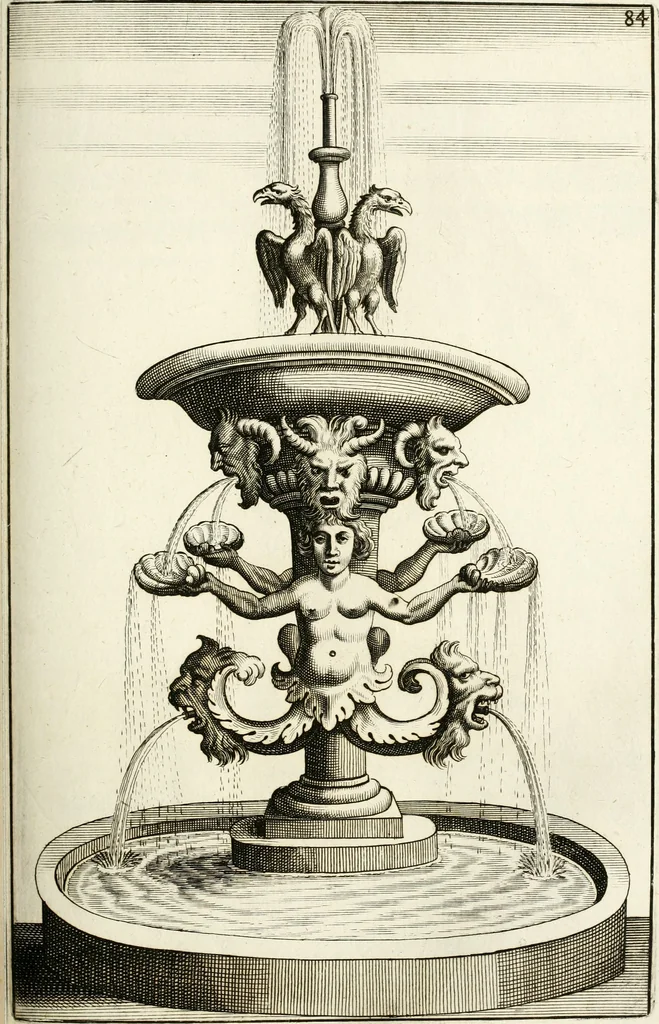 An illustration from Architectura curiosa nova, exponens 1. Fundamenta hydragogica, indolemq[ue] aquæ, aëris interventu in altum levandæ. 2. Varios aquarum ac salientium fontium lusus per varia spectatu jucunda epistomiorum seu siphonum genera. 3. Magnum amnissimorum fontium, machinarumq[ue] aquæductoriarum sumtu magno exstructarum, ac per Italiam, Britanniam, Germaniam &c. visendarum, numerum. 4. Specus artificiales sumtuosissimas, cum plerisq[ue] principum europæorum palatiis, hortis, aulis; nec non præcipuis monasteriis atq[ue] arcibus. 5. Cum auctario figurarum elegantissimarum, ad hortorum topiaria vario ductù dividenda, nec non conclavium laquearibus ac pavimentis segmentandis, itemq[ue] labyrinthis construendis, adhibendarum. Omnia 200 æri incisis... descripta, 1664, leaf 344