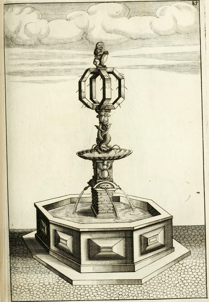 An illustration from Architectura curiosa nova, exponens 1. Fundamenta hydragogica, indolemq[ue] aquæ, aëris interventu in altum levandæ. 2. Varios aquarum ac salientium fontium lusus per varia spectatu jucunda epistomiorum seu siphonum genera. 3. Magnum amnissimorum fontium, machinarumq[ue] aquæductoriarum sumtu magno exstructarum, ac per Italiam, Britanniam, Germaniam &c. visendarum, numerum. 4. Specus artificiales sumtuosissimas, cum plerisq[ue] principum europæorum palatiis, hortis, aulis; nec non præcipuis monasteriis atq[ue] arcibus. 5. Cum auctario figurarum elegantissimarum, ad hortorum topiaria vario ductù dividenda, nec non conclavium laquearibus ac pavimentis segmentandis, itemq[ue] labyrinthis construendis, adhibendarum. Omnia 200 æri incisis... descripta, 1664, leaf 346