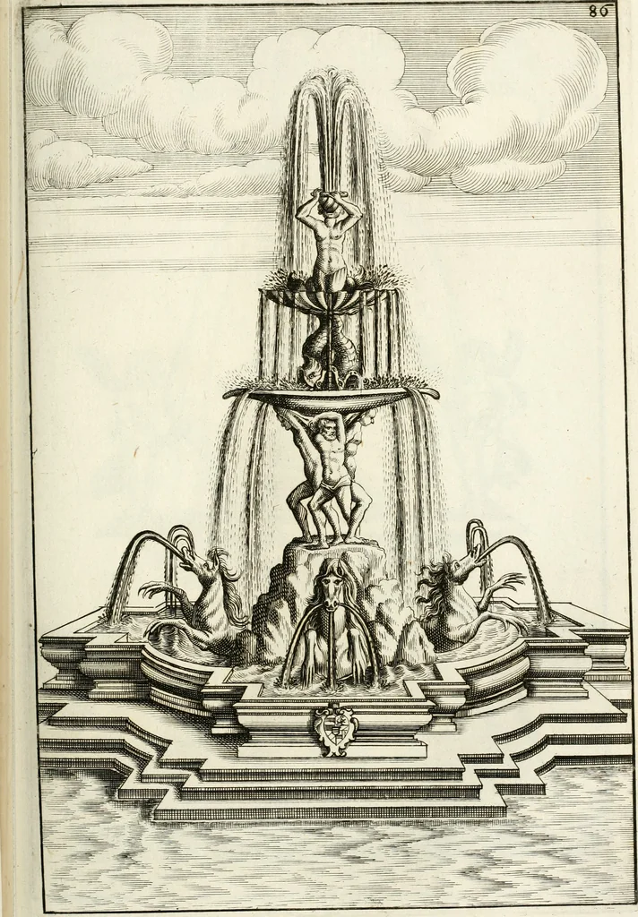An illustration from Architectura curiosa nova, exponens 1. Fundamenta hydragogica, indolemq[ue] aquæ, aëris interventu in altum levandæ. 2. Varios aquarum ac salientium fontium lusus per varia spectatu jucunda epistomiorum seu siphonum genera. 3. Magnum amnissimorum fontium, machinarumq[ue] aquæductoriarum sumtu magno exstructarum, ac per Italiam, Britanniam, Germaniam &c. visendarum, numerum. 4. Specus artificiales sumtuosissimas, cum plerisq[ue] principum europæorum palatiis, hortis, aulis; nec non præcipuis monasteriis atq[ue] arcibus. 5. Cum auctario figurarum elegantissimarum, ad hortorum topiaria vario ductù dividenda, nec non conclavium laquearibus ac pavimentis segmentandis, itemq[ue] labyrinthis construendis, adhibendarum. Omnia 200 æri incisis... descripta, 1664, leaf 348