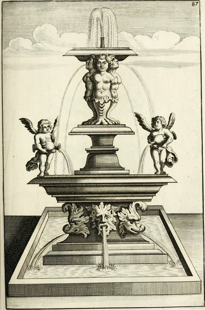 An illustration from Architectura curiosa nova, exponens 1. Fundamenta hydragogica, indolemq[ue] aquæ, aëris interventu in altum levandæ. 2. Varios aquarum ac salientium fontium lusus per varia spectatu jucunda epistomiorum seu siphonum genera. 3. Magnum amnissimorum fontium, machinarumq[ue] aquæductoriarum sumtu magno exstructarum, ac per Italiam, Britanniam, Germaniam &c. visendarum, numerum. 4. Specus artificiales sumtuosissimas, cum plerisq[ue] principum europæorum palatiis, hortis, aulis; nec non præcipuis monasteriis atq[ue] arcibus. 5. Cum auctario figurarum elegantissimarum, ad hortorum topiaria vario ductù dividenda, nec non conclavium laquearibus ac pavimentis segmentandis, itemq[ue] labyrinthis construendis, adhibendarum. Omnia 200 æri incisis... descripta, 1664, leaf 350