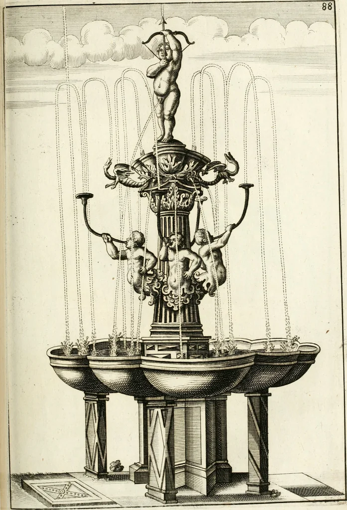 An illustration from Architectura curiosa nova, exponens 1. Fundamenta hydragogica, indolemq[ue] aquæ, aëris interventu in altum levandæ. 2. Varios aquarum ac salientium fontium lusus per varia spectatu jucunda epistomiorum seu siphonum genera. 3. Magnum amnissimorum fontium, machinarumq[ue] aquæductoriarum sumtu magno exstructarum, ac per Italiam, Britanniam, Germaniam &c. visendarum, numerum. 4. Specus artificiales sumtuosissimas, cum plerisq[ue] principum europæorum palatiis, hortis, aulis; nec non præcipuis monasteriis atq[ue] arcibus. 5. Cum auctario figurarum elegantissimarum, ad hortorum topiaria vario ductù dividenda, nec non conclavium laquearibus ac pavimentis segmentandis, itemq[ue] labyrinthis construendis, adhibendarum. Omnia 200 æri incisis... descripta, 1664, leaf 352