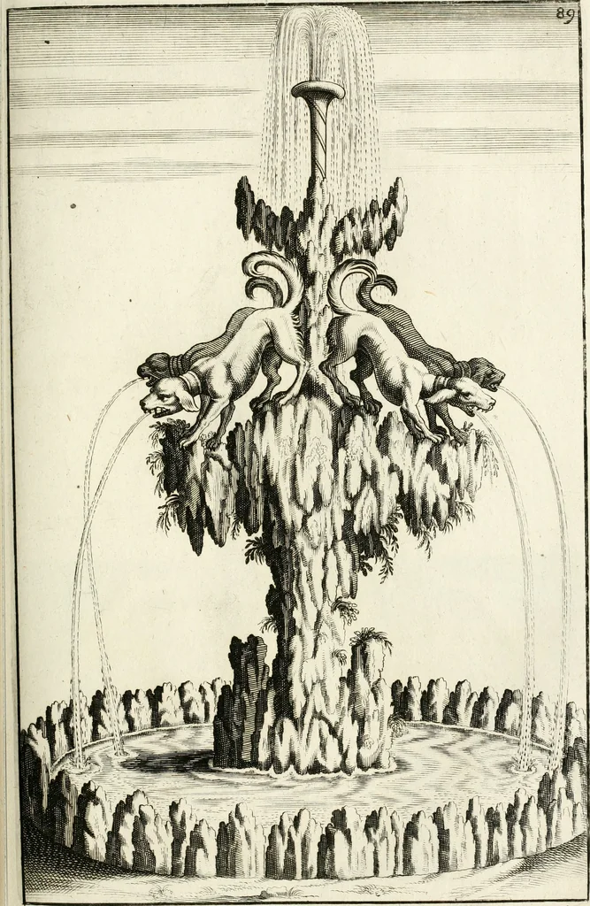 An illustration from Architectura curiosa nova, exponens 1. Fundamenta hydragogica, indolemq[ue] aquæ, aëris interventu in altum levandæ. 2. Varios aquarum ac salientium fontium lusus per varia spectatu jucunda epistomiorum seu siphonum genera. 3. Magnum amnissimorum fontium, machinarumq[ue] aquæductoriarum sumtu magno exstructarum, ac per Italiam, Britanniam, Germaniam &c. visendarum, numerum. 4. Specus artificiales sumtuosissimas, cum plerisq[ue] principum europæorum palatiis, hortis, aulis; nec non præcipuis monasteriis atq[ue] arcibus. 5. Cum auctario figurarum elegantissimarum, ad hortorum topiaria vario ductù dividenda, nec non conclavium laquearibus ac pavimentis segmentandis, itemq[ue] labyrinthis construendis, adhibendarum. Omnia 200 æri incisis... descripta, 1664, leaf 354