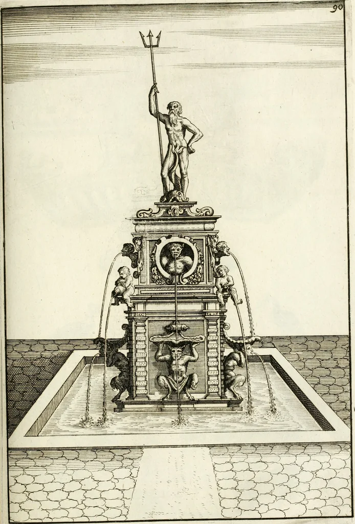 An illustration from Architectura curiosa nova, exponens 1. Fundamenta hydragogica, indolemq[ue] aquæ, aëris interventu in altum levandæ. 2. Varios aquarum ac salientium fontium lusus per varia spectatu jucunda epistomiorum seu siphonum genera. 3. Magnum amnissimorum fontium, machinarumq[ue] aquæductoriarum sumtu magno exstructarum, ac per Italiam, Britanniam, Germaniam &c. visendarum, numerum. 4. Specus artificiales sumtuosissimas, cum plerisq[ue] principum europæorum palatiis, hortis, aulis; nec non præcipuis monasteriis atq[ue] arcibus. 5. Cum auctario figurarum elegantissimarum, ad hortorum topiaria vario ductù dividenda, nec non conclavium laquearibus ac pavimentis segmentandis, itemq[ue] labyrinthis construendis, adhibendarum. Omnia 200 æri incisis... descripta, 1664, leaf 356