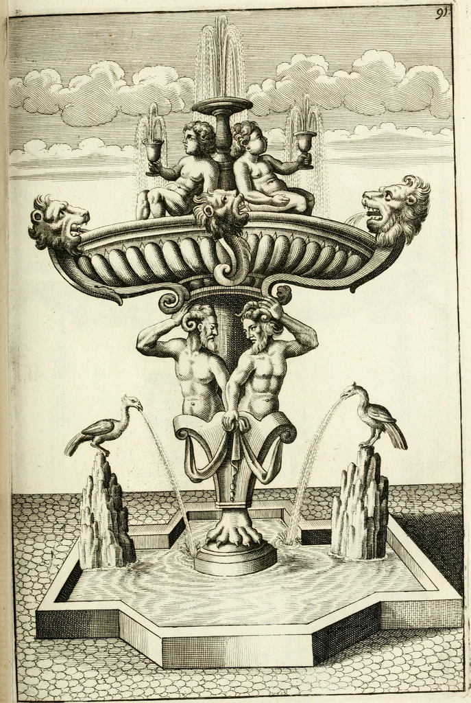 An illustration from Architectura curiosa nova, exponens 1. Fundamenta hydragogica, indolemq[ue] aquæ, aëris interventu in altum levandæ. 2. Varios aquarum ac salientium fontium lusus per varia spectatu jucunda epistomiorum seu siphonum genera. 3. Magnum amnissimorum fontium, machinarumq[ue] aquæductoriarum sumtu magno exstructarum, ac per Italiam, Britanniam, Germaniam &c. visendarum, numerum. 4. Specus artificiales sumtuosissimas, cum plerisq[ue] principum europæorum palatiis, hortis, aulis; nec non præcipuis monasteriis atq[ue] arcibus. 5. Cum auctario figurarum elegantissimarum, ad hortorum topiaria vario ductù dividenda, nec non conclavium laquearibus ac pavimentis segmentandis, itemq[ue] labyrinthis construendis, adhibendarum. Omnia 200 æri incisis... descripta, 1664, leaf 358
