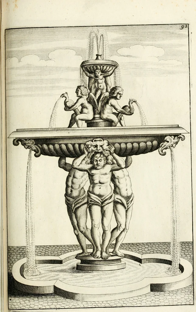 An illustration from Architectura curiosa nova, exponens 1. Fundamenta hydragogica, indolemq[ue] aquæ, aëris interventu in altum levandæ. 2. Varios aquarum ac salientium fontium lusus per varia spectatu jucunda epistomiorum seu siphonum genera. 3. Magnum amnissimorum fontium, machinarumq[ue] aquæductoriarum sumtu magno exstructarum, ac per Italiam, Britanniam, Germaniam &c. visendarum, numerum. 4. Specus artificiales sumtuosissimas, cum plerisq[ue] principum europæorum palatiis, hortis, aulis; nec non præcipuis monasteriis atq[ue] arcibus. 5. Cum auctario figurarum elegantissimarum, ad hortorum topiaria vario ductù dividenda, nec non conclavium laquearibus ac pavimentis segmentandis, itemq[ue] labyrinthis construendis, adhibendarum. Omnia 200 æri incisis... descripta, 1664, leaf 360