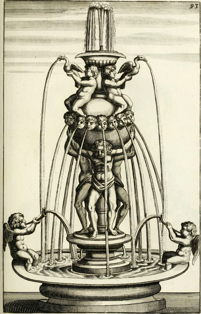 An illustration from Architectura curiosa nova, exponens 1. Fundamenta hydragogica, indolemq[ue] aquæ, aëris interventu in altum levandæ. 2. Varios aquarum ac salientium fontium lusus per varia spectatu jucunda epistomiorum seu siphonum genera. 3. Magnum amnissimorum fontium, machinarumq[ue] aquæductoriarum sumtu magno exstructarum, ac per Italiam, Britanniam, Germaniam &c. visendarum, numerum. 4. Specus artificiales sumtuosissimas, cum plerisq[ue] principum europæorum palatiis, hortis, aulis; nec non præcipuis monasteriis atq[ue] arcibus. 5. Cum auctario figurarum elegantissimarum, ad hortorum topiaria vario ductù dividenda, nec non conclavium laquearibus ac pavimentis segmentandis, itemq[ue] labyrinthis construendis, adhibendarum. Omnia 200 æri incisis... descripta, 1664, leaf 362