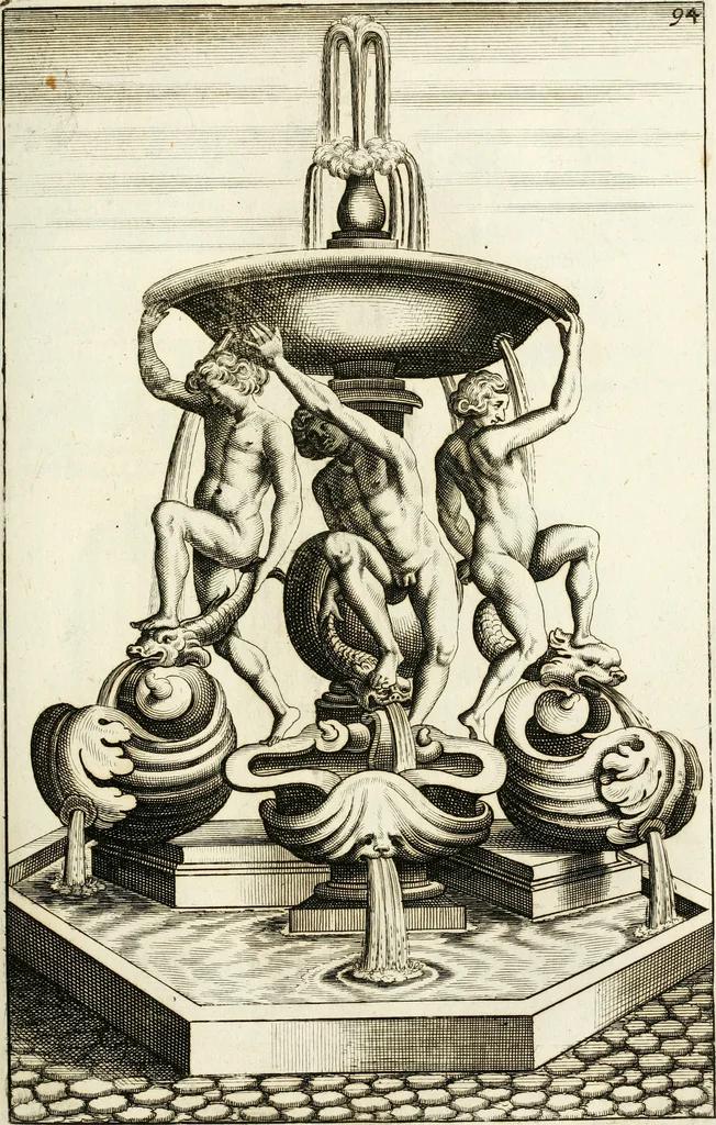 An illustration from Architectura curiosa nova, exponens 1. Fundamenta hydragogica, indolemq[ue] aquæ, aëris interventu in altum levandæ. 2. Varios aquarum ac salientium fontium lusus per varia spectatu jucunda epistomiorum seu siphonum genera. 3. Magnum amnissimorum fontium, machinarumq[ue] aquæductoriarum sumtu magno exstructarum, ac per Italiam, Britanniam, Germaniam &c. visendarum, numerum. 4. Specus artificiales sumtuosissimas, cum plerisq[ue] principum europæorum palatiis, hortis, aulis; nec non præcipuis monasteriis atq[ue] arcibus. 5. Cum auctario figurarum elegantissimarum, ad hortorum topiaria vario ductù dividenda, nec non conclavium laquearibus ac pavimentis segmentandis, itemq[ue] labyrinthis construendis, adhibendarum. Omnia 200 æri incisis... descripta, 1664, leaf 364