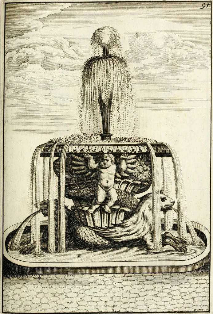 An illustration from Architectura curiosa nova, exponens 1. Fundamenta hydragogica, indolemq[ue] aquæ, aëris interventu in altum levandæ. 2. Varios aquarum ac salientium fontium lusus per varia spectatu jucunda epistomiorum seu siphonum genera. 3. Magnum amnissimorum fontium, machinarumq[ue] aquæductoriarum sumtu magno exstructarum, ac per Italiam, Britanniam, Germaniam &c. visendarum, numerum. 4. Specus artificiales sumtuosissimas, cum plerisq[ue] principum europæorum palatiis, hortis, aulis; nec non præcipuis monasteriis atq[ue] arcibus. 5. Cum auctario figurarum elegantissimarum, ad hortorum topiaria vario ductù dividenda, nec non conclavium laquearibus ac pavimentis segmentandis, itemq[ue] labyrinthis construendis, adhibendarum. Omnia 200 æri incisis... descripta, 1664, leaf 366