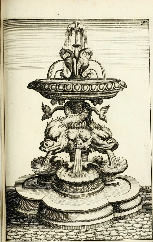An illustration from Architectura curiosa nova, exponens 1. Fundamenta hydragogica, indolemq[ue] aquæ, aëris interventu in altum levandæ. 2. Varios aquarum ac salientium fontium lusus per varia spectatu jucunda epistomiorum seu siphonum genera. 3. Magnum amnissimorum fontium, machinarumq[ue] aquæductoriarum sumtu magno exstructarum, ac per Italiam, Britanniam, Germaniam &c. visendarum, numerum. 4. Specus artificiales sumtuosissimas, cum plerisq[ue] principum europæorum palatiis, hortis, aulis; nec non præcipuis monasteriis atq[ue] arcibus. 5. Cum auctario figurarum elegantissimarum, ad hortorum topiaria vario ductù dividenda, nec non conclavium laquearibus ac pavimentis segmentandis, itemq[ue] labyrinthis construendis, adhibendarum. Omnia 200 æri incisis... descripta, 1664, leaf 368