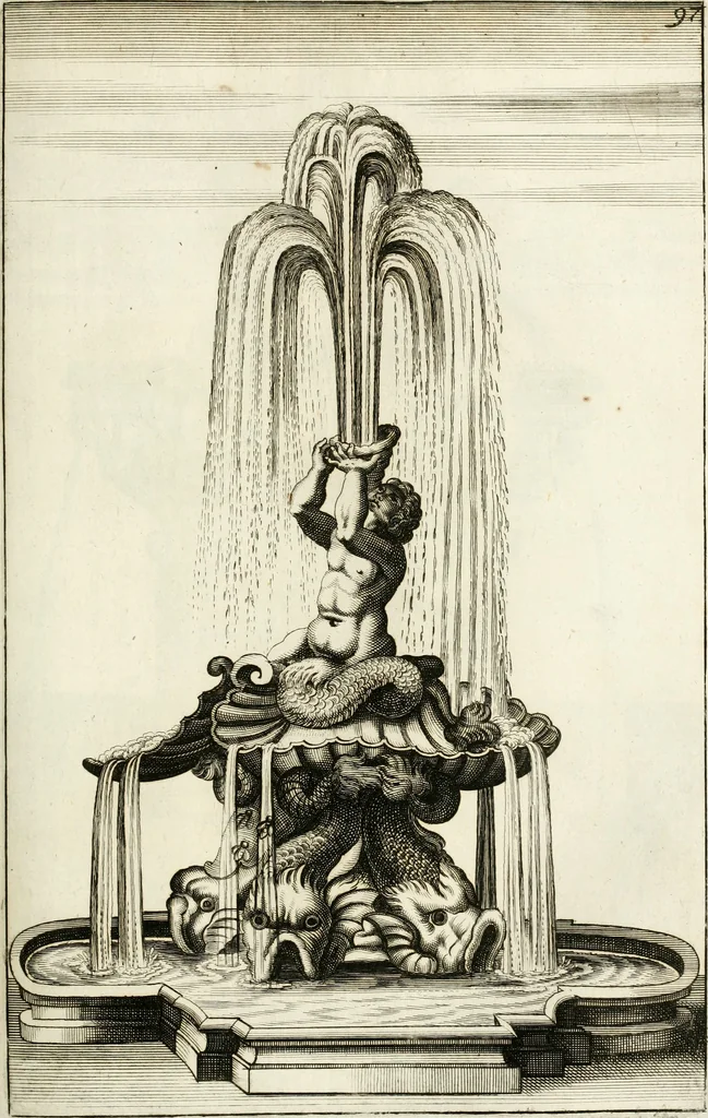 An illustration from Architectura curiosa nova, exponens 1. Fundamenta hydragogica, indolemq[ue] aquæ, aëris interventu in altum levandæ. 2. Varios aquarum ac salientium fontium lusus per varia spectatu jucunda epistomiorum seu siphonum genera. 3. Magnum amnissimorum fontium, machinarumq[ue] aquæductoriarum sumtu magno exstructarum, ac per Italiam, Britanniam, Germaniam &c. visendarum, numerum. 4. Specus artificiales sumtuosissimas, cum plerisq[ue] principum europæorum palatiis, hortis, aulis; nec non præcipuis monasteriis atq[ue] arcibus. 5. Cum auctario figurarum elegantissimarum, ad hortorum topiaria vario ductù dividenda, nec non conclavium laquearibus ac pavimentis segmentandis, itemq[ue] labyrinthis construendis, adhibendarum. Omnia 200 æri incisis... descripta, 1664, leaf 370