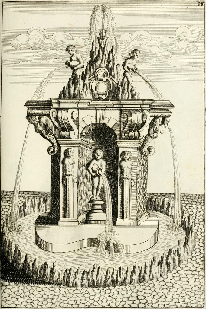 An illustration from Architectura curiosa nova, exponens 1. Fundamenta hydragogica, indolemq[ue] aquæ, aëris interventu in altum levandæ. 2. Varios aquarum ac salientium fontium lusus per varia spectatu jucunda epistomiorum seu siphonum genera. 3. Magnum amnissimorum fontium, machinarumq[ue] aquæductoriarum sumtu magno exstructarum, ac per Italiam, Britanniam, Germaniam &c. visendarum, numerum. 4. Specus artificiales sumtuosissimas, cum plerisq[ue] principum europæorum palatiis, hortis, aulis; nec non præcipuis monasteriis atq[ue] arcibus. 5. Cum auctario figurarum elegantissimarum, ad hortorum topiaria vario ductù dividenda, nec non conclavium laquearibus ac pavimentis segmentandis, itemq[ue] labyrinthis construendis, adhibendarum. Omnia 200 æri incisis... descripta, 1664, leaf 372