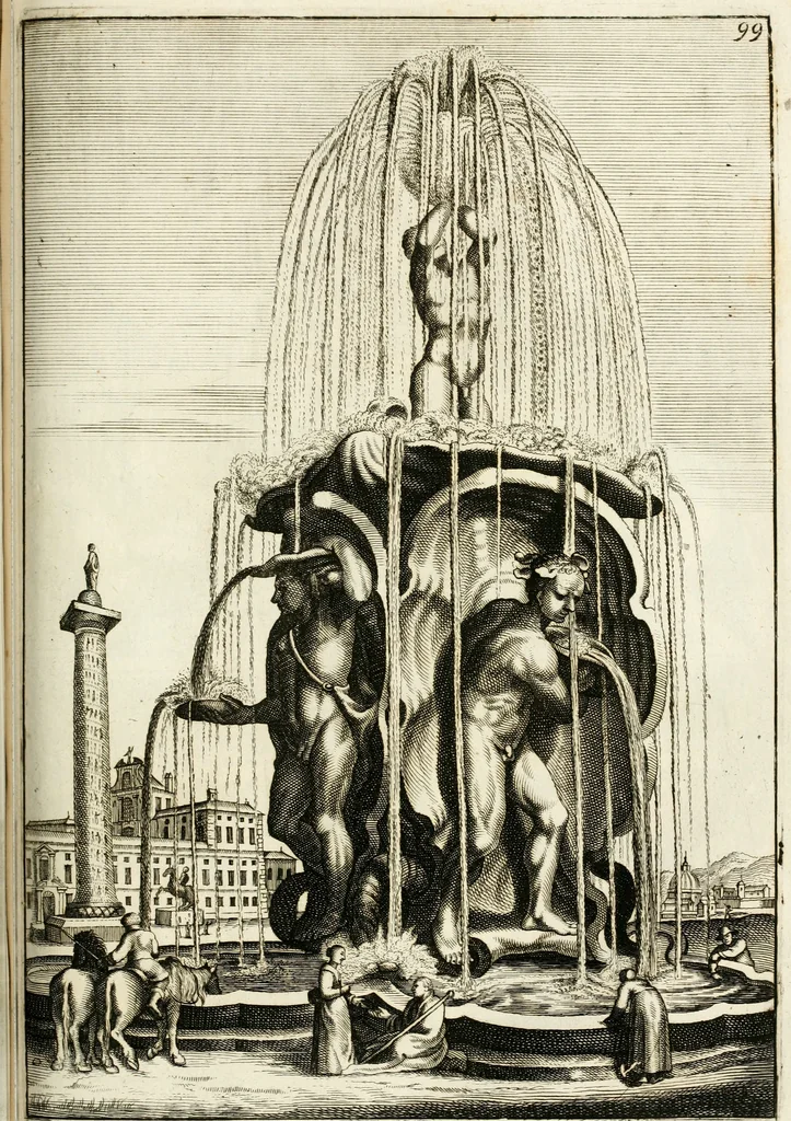 An illustration from Architectura curiosa nova, exponens 1. Fundamenta hydragogica, indolemq[ue] aquæ, aëris interventu in altum levandæ. 2. Varios aquarum ac salientium fontium lusus per varia spectatu jucunda epistomiorum seu siphonum genera. 3. Magnum amnissimorum fontium, machinarumq[ue] aquæductoriarum sumtu magno exstructarum, ac per Italiam, Britanniam, Germaniam &c. visendarum, numerum. 4. Specus artificiales sumtuosissimas, cum plerisq[ue] principum europæorum palatiis, hortis, aulis; nec non præcipuis monasteriis atq[ue] arcibus. 5. Cum auctario figurarum elegantissimarum, ad hortorum topiaria vario ductù dividenda, nec non conclavium laquearibus ac pavimentis segmentandis, itemq[ue] labyrinthis construendis, adhibendarum. Omnia 200 æri incisis... descripta, 1664, leaf 374