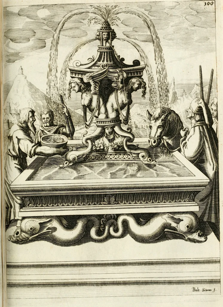 An illustration from Architectura curiosa nova, exponens 1. Fundamenta hydragogica, indolemq[ue] aquæ, aëris interventu in altum levandæ. 2. Varios aquarum ac salientium fontium lusus per varia spectatu jucunda epistomiorum seu siphonum genera. 3. Magnum amnissimorum fontium, machinarumq[ue] aquæductoriarum sumtu magno exstructarum, ac per Italiam, Britanniam, Germaniam &c. visendarum, numerum. 4. Specus artificiales sumtuosissimas, cum plerisq[ue] principum europæorum palatiis, hortis, aulis; nec non præcipuis monasteriis atq[ue] arcibus. 5. Cum auctario figurarum elegantissimarum, ad hortorum topiaria vario ductù dividenda, nec non conclavium laquearibus ac pavimentis segmentandis, itemq[ue] labyrinthis construendis, adhibendarum. Omnia 200 æri incisis... descripta, 1664, leaf 376