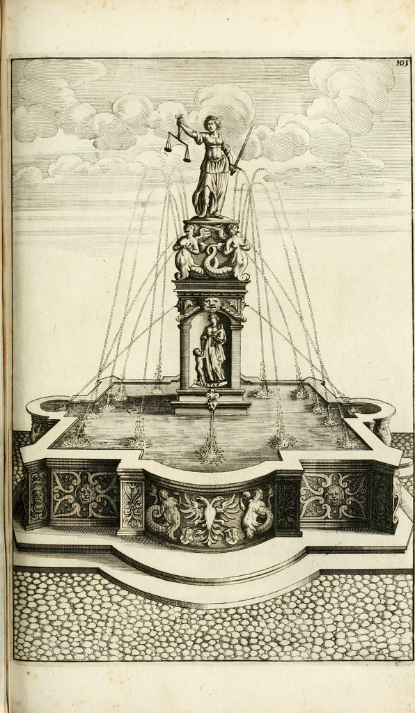 An illustration from Architectura curiosa nova, exponens 1. Fundamenta hydragogica, indolemq[ue] aquæ, aëris interventu in altum levandæ. 2. Varios aquarum ac salientium fontium lusus per varia spectatu jucunda epistomiorum seu siphonum genera. 3. Magnum amnissimorum fontium, machinarumq[ue] aquæductoriarum sumtu magno exstructarum, ac per Italiam, Britanniam, Germaniam &c. visendarum, numerum. 4. Specus artificiales sumtuosissimas, cum plerisq[ue] principum europæorum palatiis, hortis, aulis; nec non præcipuis monasteriis atq[ue] arcibus. 5. Cum auctario figurarum elegantissimarum, ad hortorum topiaria vario ductù dividenda, nec non conclavium laquearibus ac pavimentis segmentandis, itemq[ue] labyrinthis construendis, adhibendarum. Omnia 200 æri incisis... descripta, 1664, leaf 378