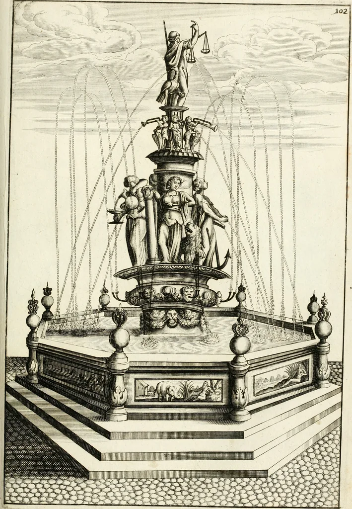 An illustration from Architectura curiosa nova, exponens 1. Fundamenta hydragogica, indolemq[ue] aquæ, aëris interventu in altum levandæ. 2. Varios aquarum ac salientium fontium lusus per varia spectatu jucunda epistomiorum seu siphonum genera. 3. Magnum amnissimorum fontium, machinarumq[ue] aquæductoriarum sumtu magno exstructarum, ac per Italiam, Britanniam, Germaniam &c. visendarum, numerum. 4. Specus artificiales sumtuosissimas, cum plerisq[ue] principum europæorum palatiis, hortis, aulis; nec non præcipuis monasteriis atq[ue] arcibus. 5. Cum auctario figurarum elegantissimarum, ad hortorum topiaria vario ductù dividenda, nec non conclavium laquearibus ac pavimentis segmentandis, itemq[ue] labyrinthis construendis, adhibendarum. Omnia 200 æri incisis... descripta, 1664, leaf 380