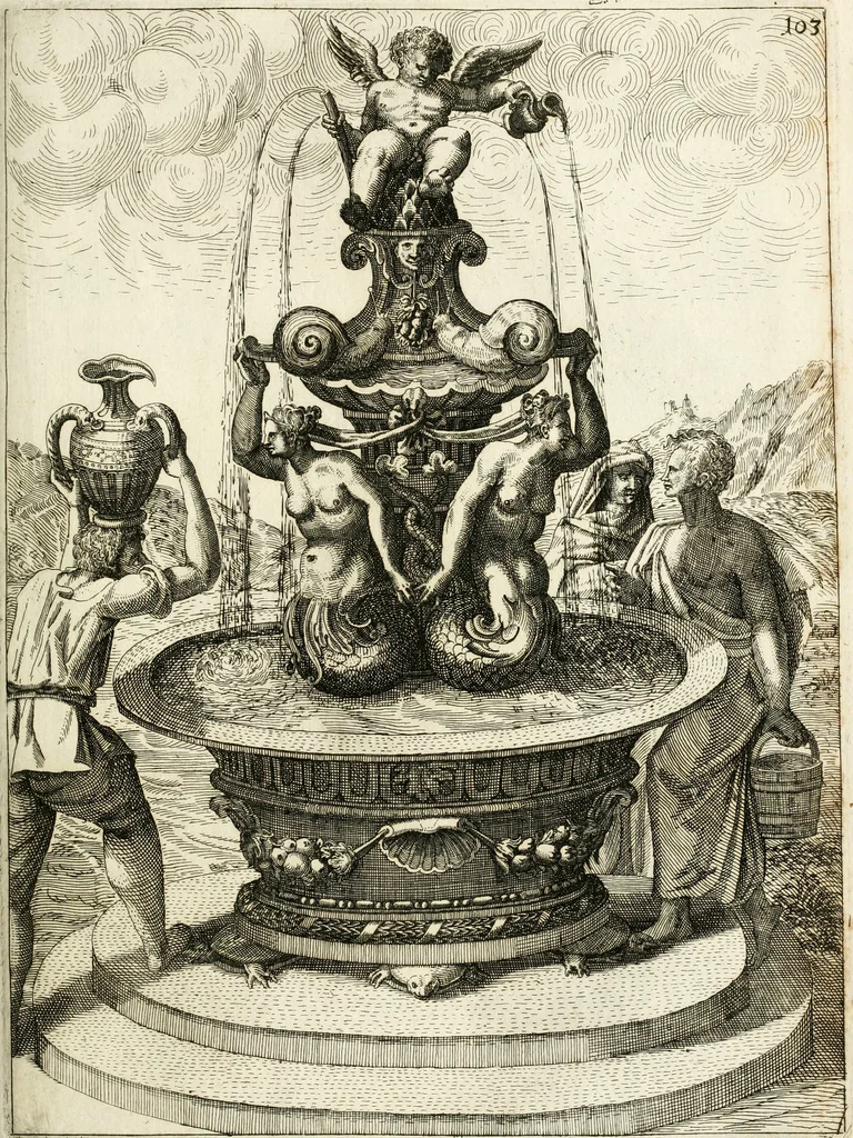 An illustration from Architectura curiosa nova, exponens 1. Fundamenta hydragogica, indolemq[ue] aquæ, aëris interventu in altum levandæ. 2. Varios aquarum ac salientium fontium lusus per varia spectatu jucunda epistomiorum seu siphonum genera. 3. Magnum amnissimorum fontium, machinarumq[ue] aquæductoriarum sumtu magno exstructarum, ac per Italiam, Britanniam, Germaniam &c. visendarum, numerum. 4. Specus artificiales sumtuosissimas, cum plerisq[ue] principum europæorum palatiis, hortis, aulis; nec non præcipuis monasteriis atq[ue] arcibus. 5. Cum auctario figurarum elegantissimarum, ad hortorum topiaria vario ductù dividenda, nec non conclavium laquearibus ac pavimentis segmentandis, itemq[ue] labyrinthis construendis, adhibendarum. Omnia 200 æri incisis... descripta, 1664, leaf 382