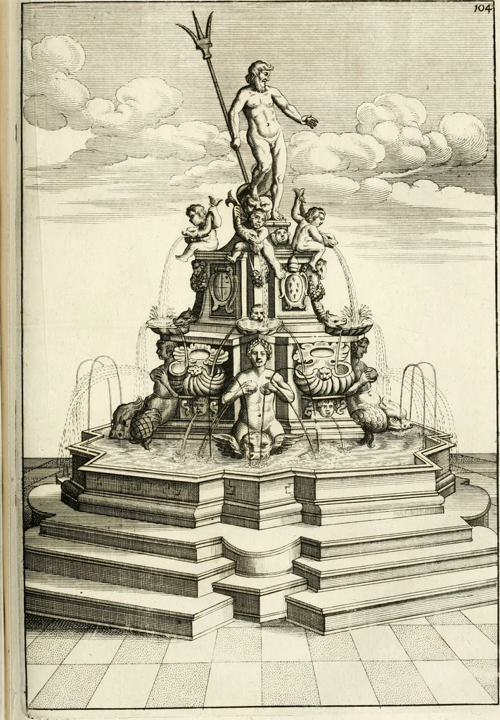 An illustration from Architectura curiosa nova, exponens 1. Fundamenta hydragogica, indolemq[ue] aquæ, aëris interventu in altum levandæ. 2. Varios aquarum ac salientium fontium lusus per varia spectatu jucunda epistomiorum seu siphonum genera. 3. Magnum amnissimorum fontium, machinarumq[ue] aquæductoriarum sumtu magno exstructarum, ac per Italiam, Britanniam, Germaniam &c. visendarum, numerum. 4. Specus artificiales sumtuosissimas, cum plerisq[ue] principum europæorum palatiis, hortis, aulis; nec non præcipuis monasteriis atq[ue] arcibus. 5. Cum auctario figurarum elegantissimarum, ad hortorum topiaria vario ductù dividenda, nec non conclavium laquearibus ac pavimentis segmentandis, itemq[ue] labyrinthis construendis, adhibendarum. Omnia 200 æri incisis... descripta, 1664, leaf 384