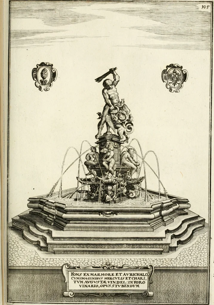 An illustration from Architectura curiosa nova, exponens 1. Fundamenta hydragogica, indolemq[ue] aquæ, aëris interventu in altum levandæ. 2. Varios aquarum ac salientium fontium lusus per varia spectatu jucunda epistomiorum seu siphonum genera. 3. Magnum amnissimorum fontium, machinarumq[ue] aquæductoriarum sumtu magno exstructarum, ac per Italiam, Britanniam, Germaniam &c. visendarum, numerum. 4. Specus artificiales sumtuosissimas, cum plerisq[ue] principum europæorum palatiis, hortis, aulis; nec non præcipuis monasteriis atq[ue] arcibus. 5. Cum auctario figurarum elegantissimarum, ad hortorum topiaria vario ductù dividenda, nec non conclavium laquearibus ac pavimentis segmentandis, itemq[ue] labyrinthis construendis, adhibendarum. Omnia 200 æri incisis... descripta, 1664, leaf 386