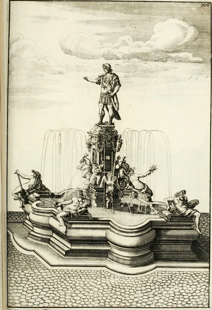 An illustration from Architectura curiosa nova, exponens 1. Fundamenta hydragogica, indolemq[ue] aquæ, aëris interventu in altum levandæ. 2. Varios aquarum ac salientium fontium lusus per varia spectatu jucunda epistomiorum seu siphonum genera. 3. Magnum amnissimorum fontium, machinarumq[ue] aquæductoriarum sumtu magno exstructarum, ac per Italiam, Britanniam, Germaniam &c. visendarum, numerum. 4. Specus artificiales sumtuosissimas, cum plerisq[ue] principum europæorum palatiis, hortis, aulis; nec non præcipuis monasteriis atq[ue] arcibus. 5. Cum auctario figurarum elegantissimarum, ad hortorum topiaria vario ductù dividenda, nec non conclavium laquearibus ac pavimentis segmentandis, itemq[ue] labyrinthis construendis, adhibendarum. Omnia 200 æri incisis... descripta, 1664, leaf 388