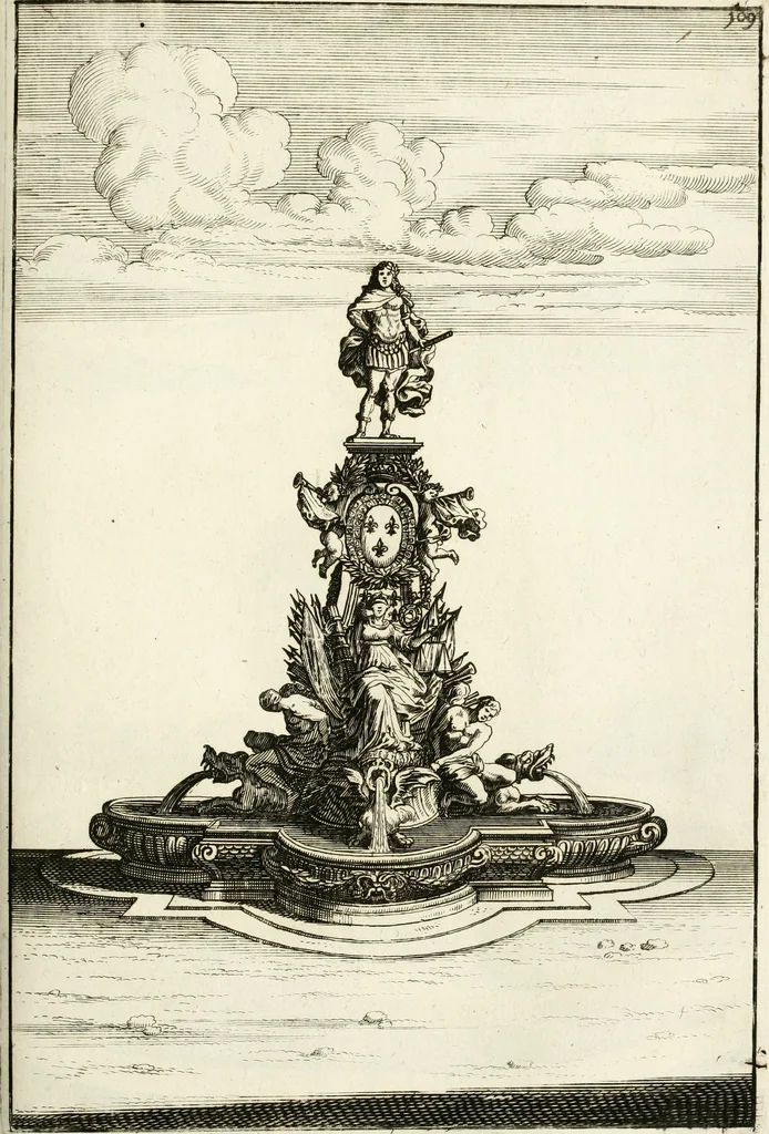 An illustration from Architectura curiosa nova, exponens 1. Fundamenta hydragogica, indolemq[ue] aquæ, aëris interventu in altum levandæ. 2. Varios aquarum ac salientium fontium lusus per varia spectatu jucunda epistomiorum seu siphonum genera. 3. Magnum amnissimorum fontium, machinarumq[ue] aquæductoriarum sumtu magno exstructarum, ac per Italiam, Britanniam, Germaniam &c. visendarum, numerum. 4. Specus artificiales sumtuosissimas, cum plerisq[ue] principum europæorum palatiis, hortis, aulis; nec non præcipuis monasteriis atq[ue] arcibus. 5. Cum auctario figurarum elegantissimarum, ad hortorum topiaria vario ductù dividenda, nec non conclavium laquearibus ac pavimentis segmentandis, itemq[ue] labyrinthis construendis, adhibendarum. Omnia 200 æri incisis... descripta, 1664, leaf 394