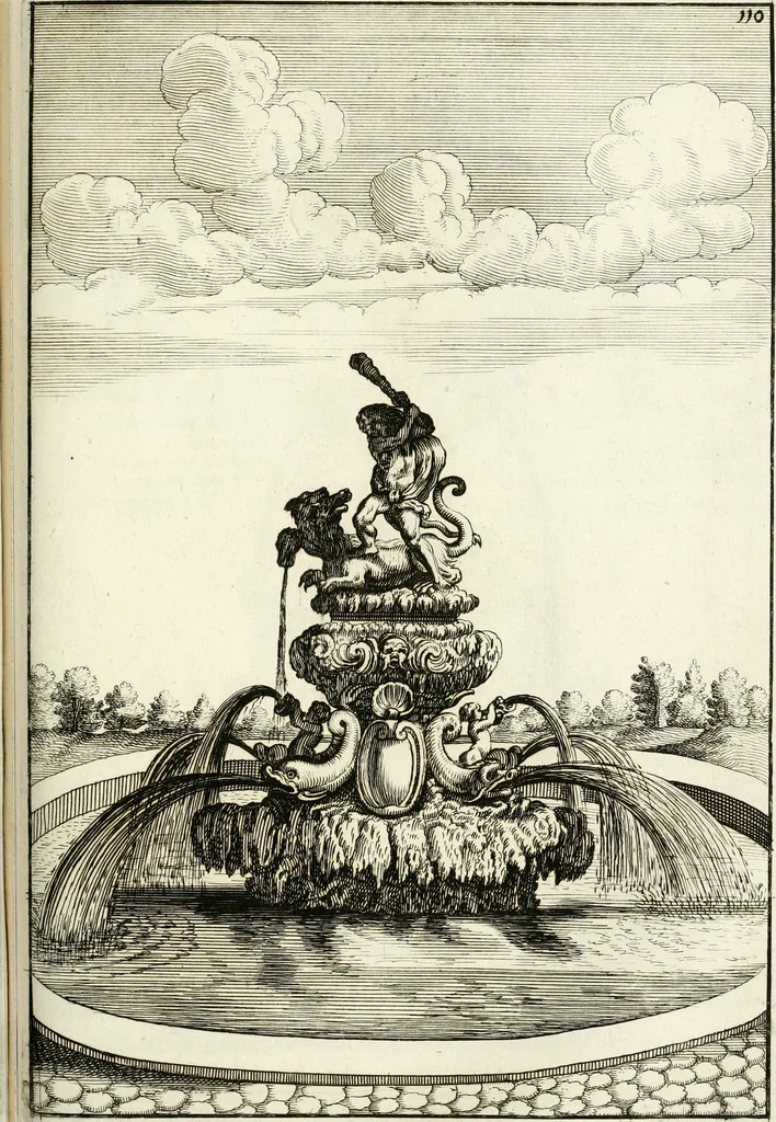 An illustration from Architectura curiosa nova, exponens 1. Fundamenta hydragogica, indolemq[ue] aquæ, aëris interventu in altum levandæ. 2. Varios aquarum ac salientium fontium lusus per varia spectatu jucunda epistomiorum seu siphonum genera. 3. Magnum amnissimorum fontium, machinarumq[ue] aquæductoriarum sumtu magno exstructarum, ac per Italiam, Britanniam, Germaniam &c. visendarum, numerum. 4. Specus artificiales sumtuosissimas, cum plerisq[ue] principum europæorum palatiis, hortis, aulis; nec non præcipuis monasteriis atq[ue] arcibus. 5. Cum auctario figurarum elegantissimarum, ad hortorum topiaria vario ductù dividenda, nec non conclavium laquearibus ac pavimentis segmentandis, itemq[ue] labyrinthis construendis, adhibendarum. Omnia 200 æri incisis... descripta, 1664, leaf 396
