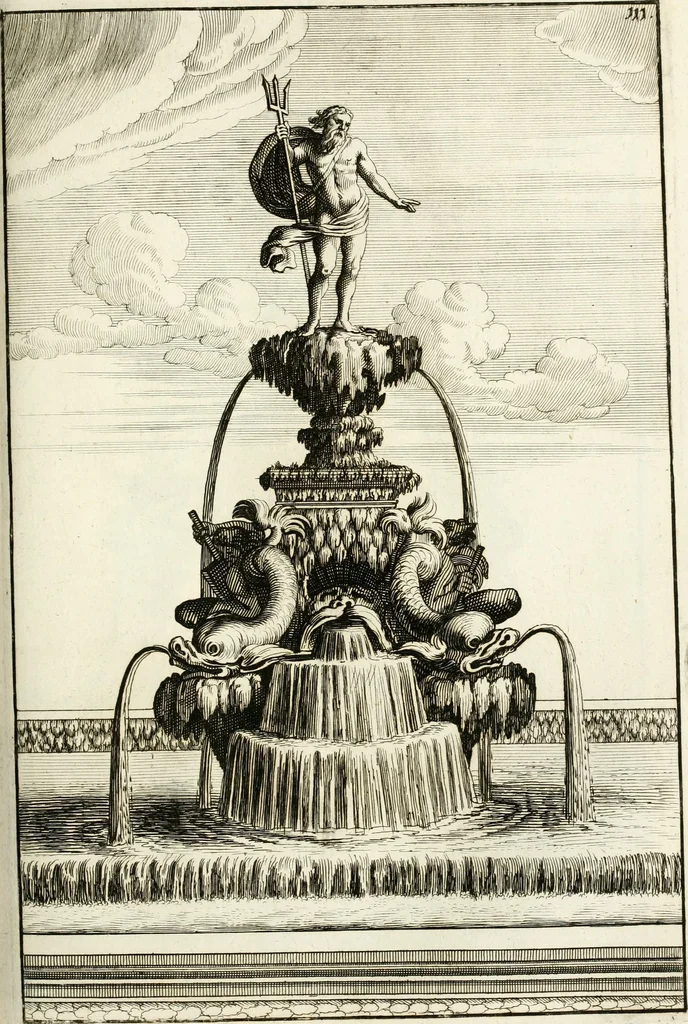 An illustration from Architectura curiosa nova, exponens 1. Fundamenta hydragogica, indolemq[ue] aquæ, aëris interventu in altum levandæ. 2. Varios aquarum ac salientium fontium lusus per varia spectatu jucunda epistomiorum seu siphonum genera. 3. Magnum amnissimorum fontium, machinarumq[ue] aquæductoriarum sumtu magno exstructarum, ac per Italiam, Britanniam, Germaniam &c. visendarum, numerum. 4. Specus artificiales sumtuosissimas, cum plerisq[ue] principum europæorum palatiis, hortis, aulis; nec non præcipuis monasteriis atq[ue] arcibus. 5. Cum auctario figurarum elegantissimarum, ad hortorum topiaria vario ductù dividenda, nec non conclavium laquearibus ac pavimentis segmentandis, itemq[ue] labyrinthis construendis, adhibendarum. Omnia 200 æri incisis... descripta, 1664, leaf 398