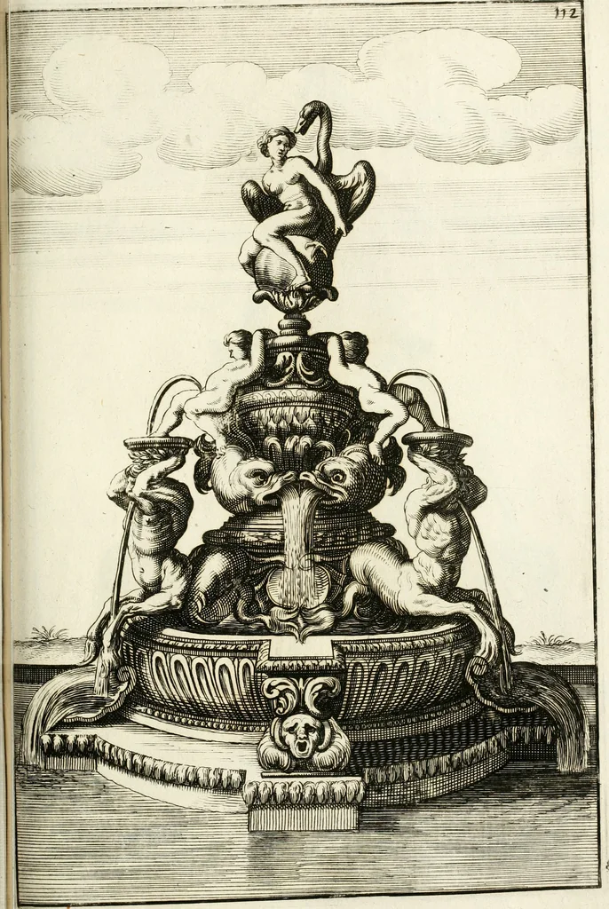 An illustration from Architectura curiosa nova, exponens 1. Fundamenta hydragogica, indolemq[ue] aquæ, aëris interventu in altum levandæ. 2. Varios aquarum ac salientium fontium lusus per varia spectatu jucunda epistomiorum seu siphonum genera. 3. Magnum amnissimorum fontium, machinarumq[ue] aquæductoriarum sumtu magno exstructarum, ac per Italiam, Britanniam, Germaniam &c. visendarum, numerum. 4. Specus artificiales sumtuosissimas, cum plerisq[ue] principum europæorum palatiis, hortis, aulis; nec non præcipuis monasteriis atq[ue] arcibus. 5. Cum auctario figurarum elegantissimarum, ad hortorum topiaria vario ductù dividenda, nec non conclavium laquearibus ac pavimentis segmentandis, itemq[ue] labyrinthis construendis, adhibendarum. Omnia 200 æri incisis... descripta, 1664, leaf 400