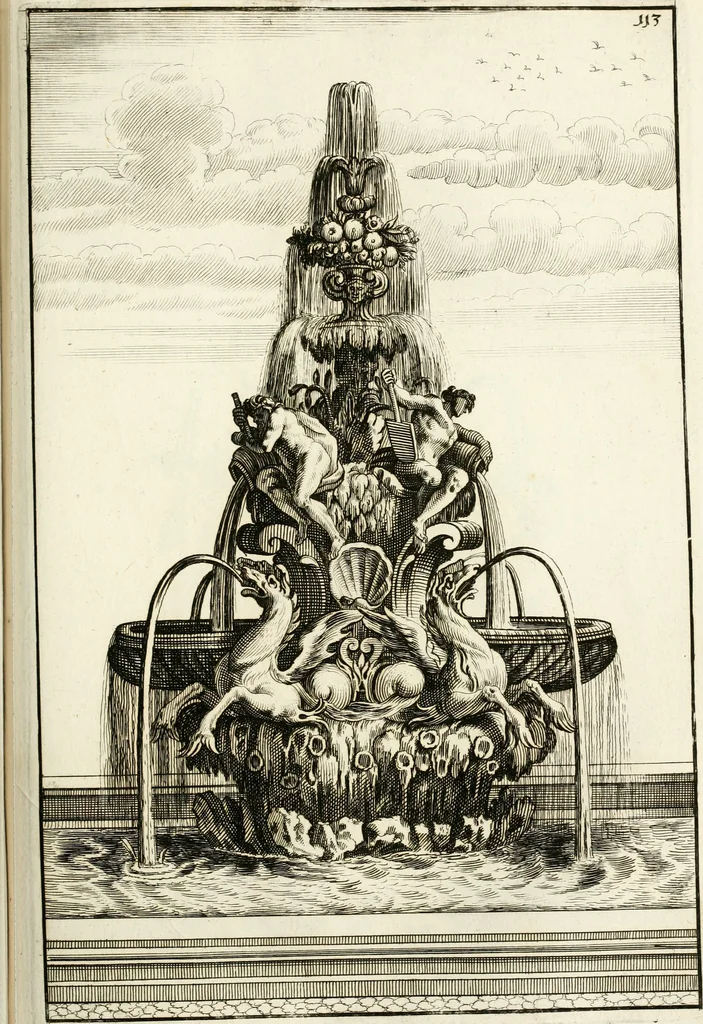 An illustration from Architectura curiosa nova, exponens 1. Fundamenta hydragogica, indolemq[ue] aquæ, aëris interventu in altum levandæ. 2. Varios aquarum ac salientium fontium lusus per varia spectatu jucunda epistomiorum seu siphonum genera. 3. Magnum amnissimorum fontium, machinarumq[ue] aquæductoriarum sumtu magno exstructarum, ac per Italiam, Britanniam, Germaniam &c. visendarum, numerum. 4. Specus artificiales sumtuosissimas, cum plerisq[ue] principum europæorum palatiis, hortis, aulis; nec non præcipuis monasteriis atq[ue] arcibus. 5. Cum auctario figurarum elegantissimarum, ad hortorum topiaria vario ductù dividenda, nec non conclavium laquearibus ac pavimentis segmentandis, itemq[ue] labyrinthis construendis, adhibendarum. Omnia 200 æri incisis... descripta, 1664, leaf 402