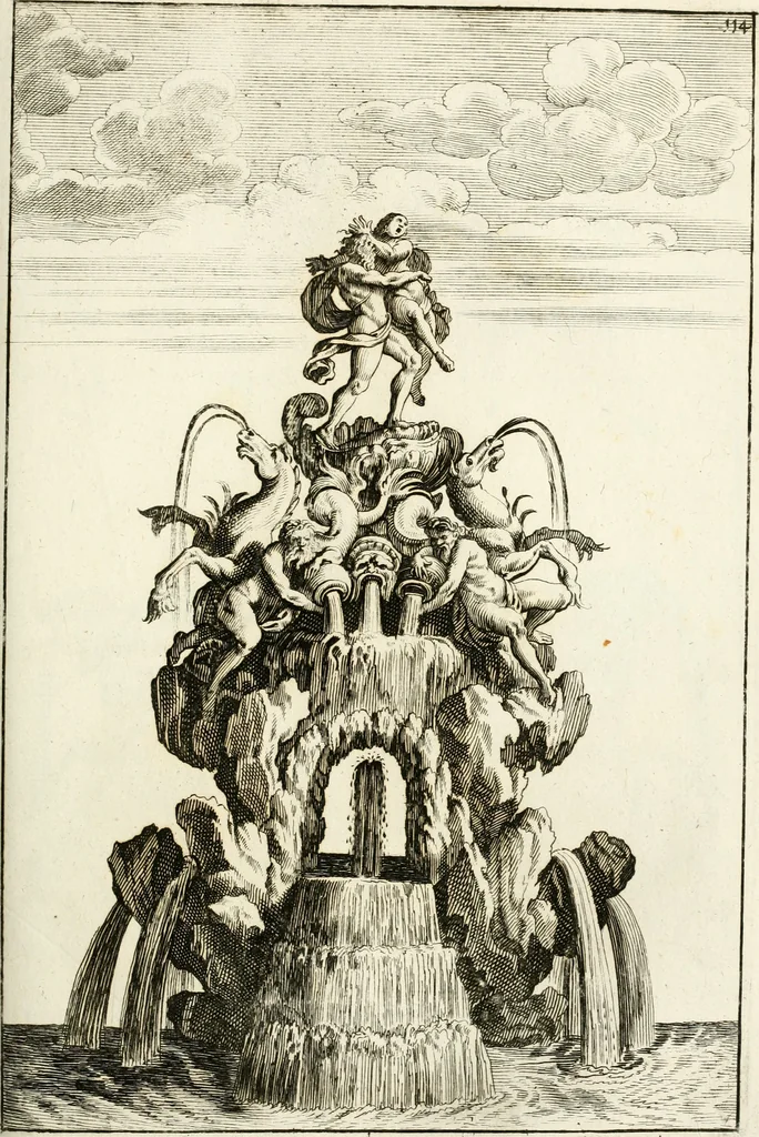 An illustration from Architectura curiosa nova, exponens 1. Fundamenta hydragogica, indolemq[ue] aquæ, aëris interventu in altum levandæ. 2. Varios aquarum ac salientium fontium lusus per varia spectatu jucunda epistomiorum seu siphonum genera. 3. Magnum amnissimorum fontium, machinarumq[ue] aquæductoriarum sumtu magno exstructarum, ac per Italiam, Britanniam, Germaniam &c. visendarum, numerum. 4. Specus artificiales sumtuosissimas, cum plerisq[ue] principum europæorum palatiis, hortis, aulis; nec non præcipuis monasteriis atq[ue] arcibus. 5. Cum auctario figurarum elegantissimarum, ad hortorum topiaria vario ductù dividenda, nec non conclavium laquearibus ac pavimentis segmentandis, itemq[ue] labyrinthis construendis, adhibendarum. Omnia 200 æri incisis... descripta, 1664, leaf 404