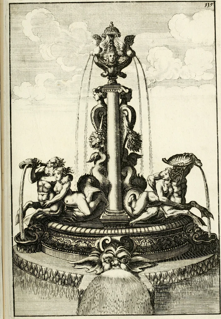 An illustration from Architectura curiosa nova, exponens 1. Fundamenta hydragogica, indolemq[ue] aquæ, aëris interventu in altum levandæ. 2. Varios aquarum ac salientium fontium lusus per varia spectatu jucunda epistomiorum seu siphonum genera. 3. Magnum amnissimorum fontium, machinarumq[ue] aquæductoriarum sumtu magno exstructarum, ac per Italiam, Britanniam, Germaniam &c. visendarum, numerum. 4. Specus artificiales sumtuosissimas, cum plerisq[ue] principum europæorum palatiis, hortis, aulis; nec non præcipuis monasteriis atq[ue] arcibus. 5. Cum auctario figurarum elegantissimarum, ad hortorum topiaria vario ductù dividenda, nec non conclavium laquearibus ac pavimentis segmentandis, itemq[ue] labyrinthis construendis, adhibendarum. Omnia 200 æri incisis... descripta, 1664, leaf 406