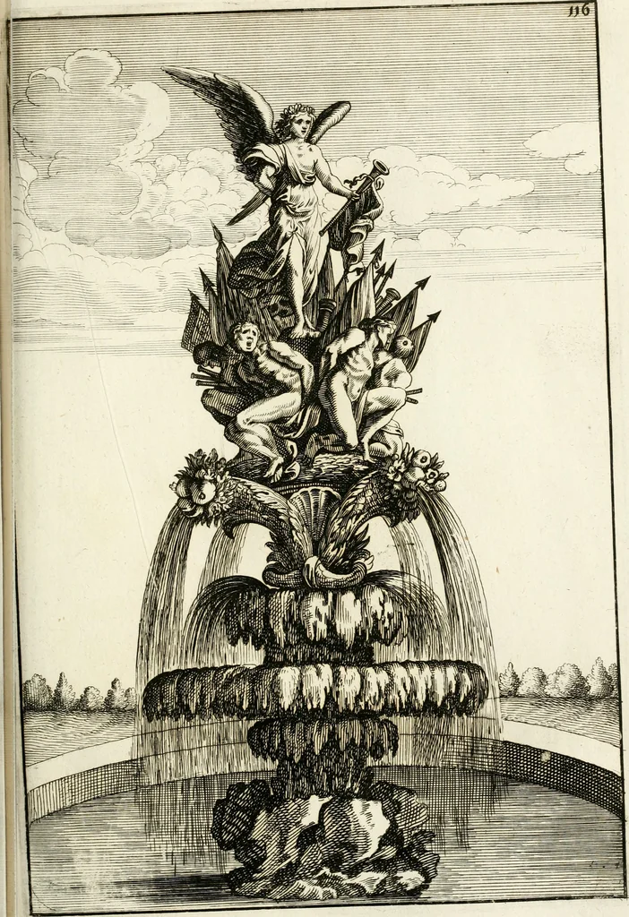 An illustration from Architectura curiosa nova, exponens 1. Fundamenta hydragogica, indolemq[ue] aquæ, aëris interventu in altum levandæ. 2. Varios aquarum ac salientium fontium lusus per varia spectatu jucunda epistomiorum seu siphonum genera. 3. Magnum amnissimorum fontium, machinarumq[ue] aquæductoriarum sumtu magno exstructarum, ac per Italiam, Britanniam, Germaniam &c. visendarum, numerum. 4. Specus artificiales sumtuosissimas, cum plerisq[ue] principum europæorum palatiis, hortis, aulis; nec non præcipuis monasteriis atq[ue] arcibus. 5. Cum auctario figurarum elegantissimarum, ad hortorum topiaria vario ductù dividenda, nec non conclavium laquearibus ac pavimentis segmentandis, itemq[ue] labyrinthis construendis, adhibendarum. Omnia 200 æri incisis... descripta, 1664, leaf 408