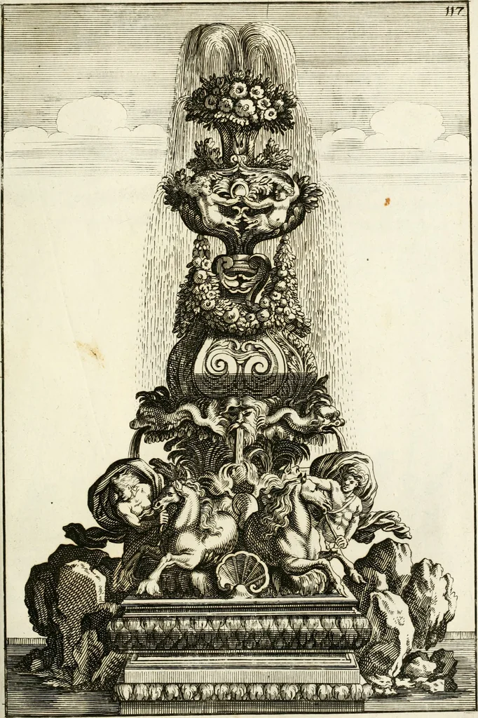 An illustration from Architectura curiosa nova, exponens 1. Fundamenta hydragogica, indolemq[ue] aquæ, aëris interventu in altum levandæ. 2. Varios aquarum ac salientium fontium lusus per varia spectatu jucunda epistomiorum seu siphonum genera. 3. Magnum amnissimorum fontium, machinarumq[ue] aquæductoriarum sumtu magno exstructarum, ac per Italiam, Britanniam, Germaniam &c. visendarum, numerum. 4. Specus artificiales sumtuosissimas, cum plerisq[ue] principum europæorum palatiis, hortis, aulis; nec non præcipuis monasteriis atq[ue] arcibus. 5. Cum auctario figurarum elegantissimarum, ad hortorum topiaria vario ductù dividenda, nec non conclavium laquearibus ac pavimentis segmentandis, itemq[ue] labyrinthis construendis, adhibendarum. Omnia 200 æri incisis... descripta, 1664, leaf 410
