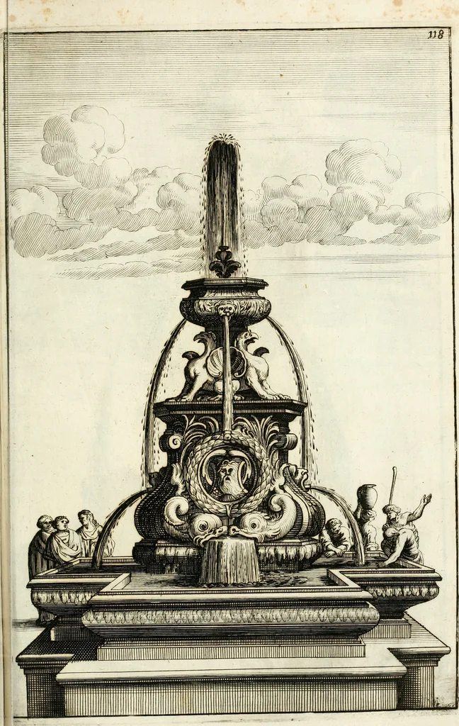 An illustration from Architectura curiosa nova, exponens 1. Fundamenta hydragogica, indolemq[ue] aquæ, aëris interventu in altum levandæ. 2. Varios aquarum ac salientium fontium lusus per varia spectatu jucunda epistomiorum seu siphonum genera. 3. Magnum amnissimorum fontium, machinarumq[ue] aquæductoriarum sumtu magno exstructarum, ac per Italiam, Britanniam, Germaniam &c. visendarum, numerum. 4. Specus artificiales sumtuosissimas, cum plerisq[ue] principum europæorum palatiis, hortis, aulis; nec non præcipuis monasteriis atq[ue] arcibus. 5. Cum auctario figurarum elegantissimarum, ad hortorum topiaria vario ductù dividenda, nec non conclavium laquearibus ac pavimentis segmentandis, itemq[ue] labyrinthis construendis, adhibendarum. Omnia 200 æri incisis... descripta, 1664, leaf 412