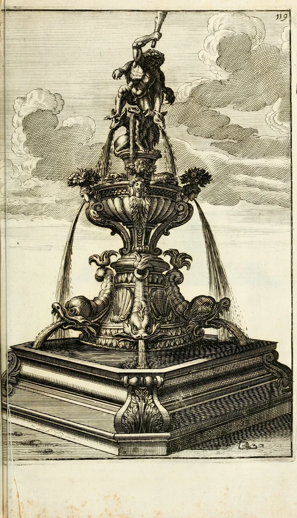 An illustration from Architectura curiosa nova, exponens 1. Fundamenta hydragogica, indolemq[ue] aquæ, aëris interventu in altum levandæ. 2. Varios aquarum ac salientium fontium lusus per varia spectatu jucunda epistomiorum seu siphonum genera. 3. Magnum amnissimorum fontium, machinarumq[ue] aquæductoriarum sumtu magno exstructarum, ac per Italiam, Britanniam, Germaniam &c. visendarum, numerum. 4. Specus artificiales sumtuosissimas, cum plerisq[ue] principum europæorum palatiis, hortis, aulis; nec non præcipuis monasteriis atq[ue] arcibus. 5. Cum auctario figurarum elegantissimarum, ad hortorum topiaria vario ductù dividenda, nec non conclavium laquearibus ac pavimentis segmentandis, itemq[ue] labyrinthis construendis, adhibendarum. Omnia 200 æri incisis... descripta, 1664, leaf 414