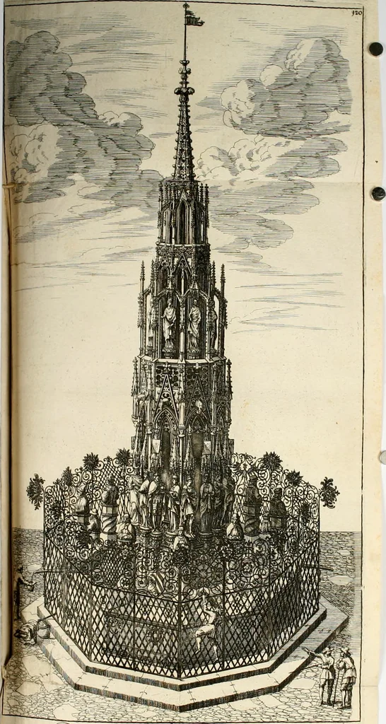 An illustration from Architectura curiosa nova, exponens 1. Fundamenta hydragogica, indolemq[ue] aquæ, aëris interventu in altum levandæ. 2. Varios aquarum ac salientium fontium lusus per varia spectatu jucunda epistomiorum seu siphonum genera. 3. Magnum amnissimorum fontium, machinarumq[ue] aquæductoriarum sumtu magno exstructarum, ac per Italiam, Britanniam, Germaniam &c. visendarum, numerum. 4. Specus artificiales sumtuosissimas, cum plerisq[ue] principum europæorum palatiis, hortis, aulis; nec non præcipuis monasteriis atq[ue] arcibus. 5. Cum auctario figurarum elegantissimarum, ad hortorum topiaria vario ductù dividenda, nec non conclavium laquearibus ac pavimentis segmentandis, itemq[ue] labyrinthis construendis, adhibendarum. Omnia 200 æri incisis... descripta, 1664, leaf 417