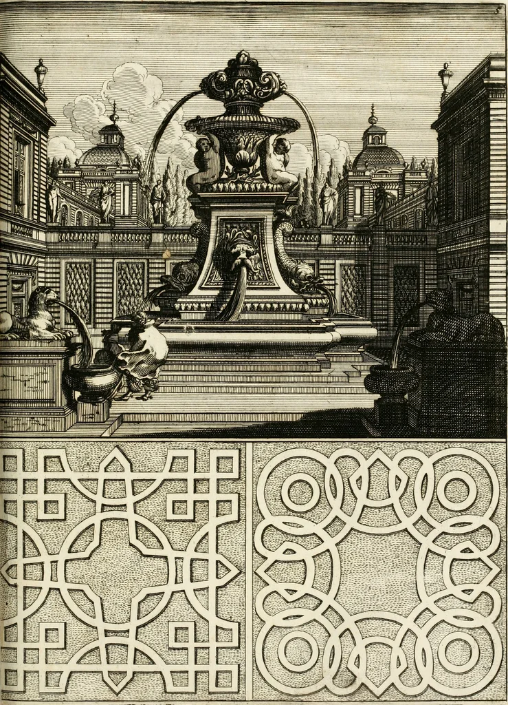 An illustration from Architectura curiosa nova, exponens 1. Fundamenta hydragogica, indolemq[ue] aquæ, aëris interventu in altum levandæ. 2. Varios aquarum ac salientium fontium lusus per varia spectatu jucunda epistomiorum seu siphonum genera. 3. Magnum amnissimorum fontium, machinarumq[ue] aquæductoriarum sumtu magno exstructarum, ac per Italiam, Britanniam, Germaniam &c. visendarum, numerum. 4. Specus artificiales sumtuosissimas, cum plerisq[ue] principum europæorum palatiis, hortis, aulis; nec non præcipuis monasteriis atq[ue] arcibus. 5. Cum auctario figurarum elegantissimarum, ad hortorum topiaria vario ductù dividenda, nec non conclavium laquearibus ac pavimentis segmentandis, itemq[ue] labyrinthis construendis, adhibendarum. Omnia 200 æri incisis... descripta, 1664, leaf 456
