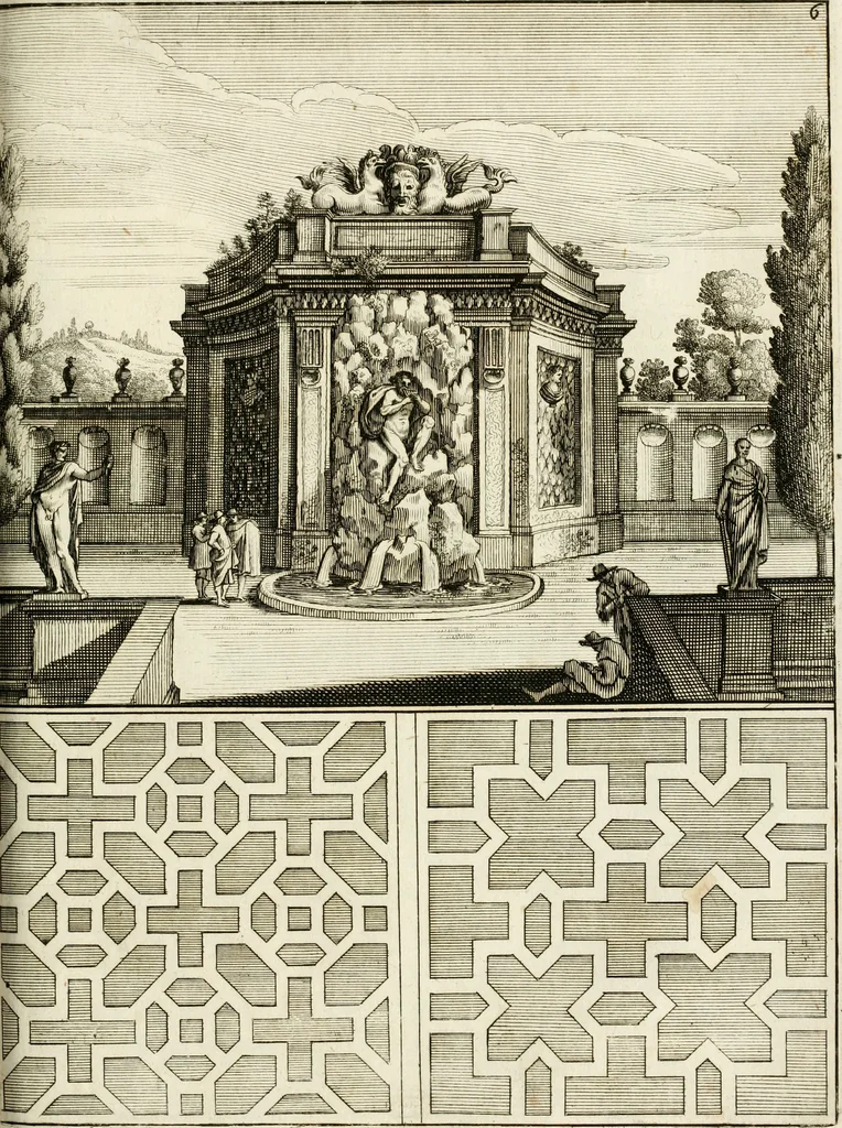 An illustration from Architectura curiosa nova, exponens 1. Fundamenta hydragogica, indolemq[ue] aquæ, aëris interventu in altum levandæ. 2. Varios aquarum ac salientium fontium lusus per varia spectatu jucunda epistomiorum seu siphonum genera. 3. Magnum amnissimorum fontium, machinarumq[ue] aquæductoriarum sumtu magno exstructarum, ac per Italiam, Britanniam, Germaniam &c. visendarum, numerum. 4. Specus artificiales sumtuosissimas, cum plerisq[ue] principum europæorum palatiis, hortis, aulis; nec non præcipuis monasteriis atq[ue] arcibus. 5. Cum auctario figurarum elegantissimarum, ad hortorum topiaria vario ductù dividenda, nec non conclavium laquearibus ac pavimentis segmentandis, itemq[ue] labyrinthis construendis, adhibendarum. Omnia 200 æri incisis... descripta, 1664, leaf 458