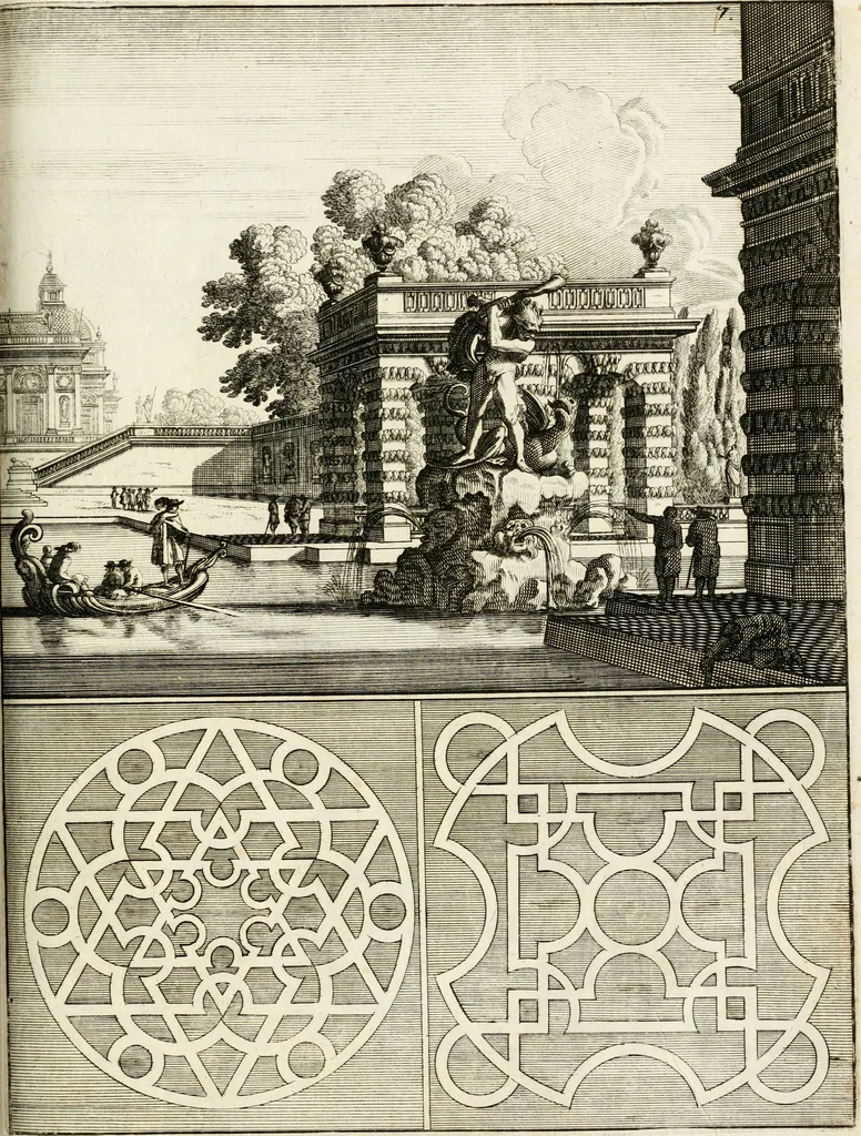 An illustration from Architectura curiosa nova, exponens 1. Fundamenta hydragogica, indolemq[ue] aquæ, aëris interventu in altum levandæ. 2. Varios aquarum ac salientium fontium lusus per varia spectatu jucunda epistomiorum seu siphonum genera. 3. Magnum amnissimorum fontium, machinarumq[ue] aquæductoriarum sumtu magno exstructarum, ac per Italiam, Britanniam, Germaniam &c. visendarum, numerum. 4. Specus artificiales sumtuosissimas, cum plerisq[ue] principum europæorum palatiis, hortis, aulis; nec non præcipuis monasteriis atq[ue] arcibus. 5. Cum auctario figurarum elegantissimarum, ad hortorum topiaria vario ductù dividenda, nec non conclavium laquearibus ac pavimentis segmentandis, itemq[ue] labyrinthis construendis, adhibendarum. Omnia 200 æri incisis... descripta, 1664, leaf 460