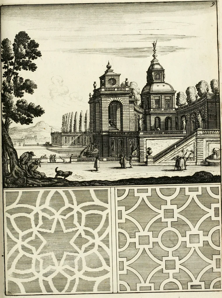 An illustration from Architectura curiosa nova, exponens 1. Fundamenta hydragogica, indolemq[ue] aquæ, aëris interventu in altum levandæ. 2. Varios aquarum ac salientium fontium lusus per varia spectatu jucunda epistomiorum seu siphonum genera. 3. Magnum amnissimorum fontium, machinarumq[ue] aquæductoriarum sumtu magno exstructarum, ac per Italiam, Britanniam, Germaniam &c. visendarum, numerum. 4. Specus artificiales sumtuosissimas, cum plerisq[ue] principum europæorum palatiis, hortis, aulis; nec non præcipuis monasteriis atq[ue] arcibus. 5. Cum auctario figurarum elegantissimarum, ad hortorum topiaria vario ductù dividenda, nec non conclavium laquearibus ac pavimentis segmentandis, itemq[ue] labyrinthis construendis, adhibendarum. Omnia 200 æri incisis... descripta, 1664, leaf 464