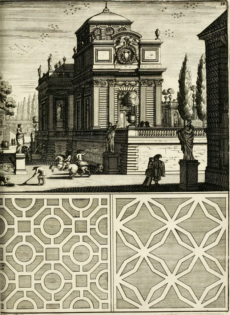 An illustration from Architectura curiosa nova, exponens 1. Fundamenta hydragogica, indolemq[ue] aquæ, aëris interventu in altum levandæ. 2. Varios aquarum ac salientium fontium lusus per varia spectatu jucunda epistomiorum seu siphonum genera. 3. Magnum amnissimorum fontium, machinarumq[ue] aquæductoriarum sumtu magno exstructarum, ac per Italiam, Britanniam, Germaniam &c. visendarum, numerum. 4. Specus artificiales sumtuosissimas, cum plerisq[ue] principum europæorum palatiis, hortis, aulis; nec non præcipuis monasteriis atq[ue] arcibus. 5. Cum auctario figurarum elegantissimarum, ad hortorum topiaria vario ductù dividenda, nec non conclavium laquearibus ac pavimentis segmentandis, itemq[ue] labyrinthis construendis, adhibendarum. Omnia 200 æri incisis... descripta, 1664, leaf 466
